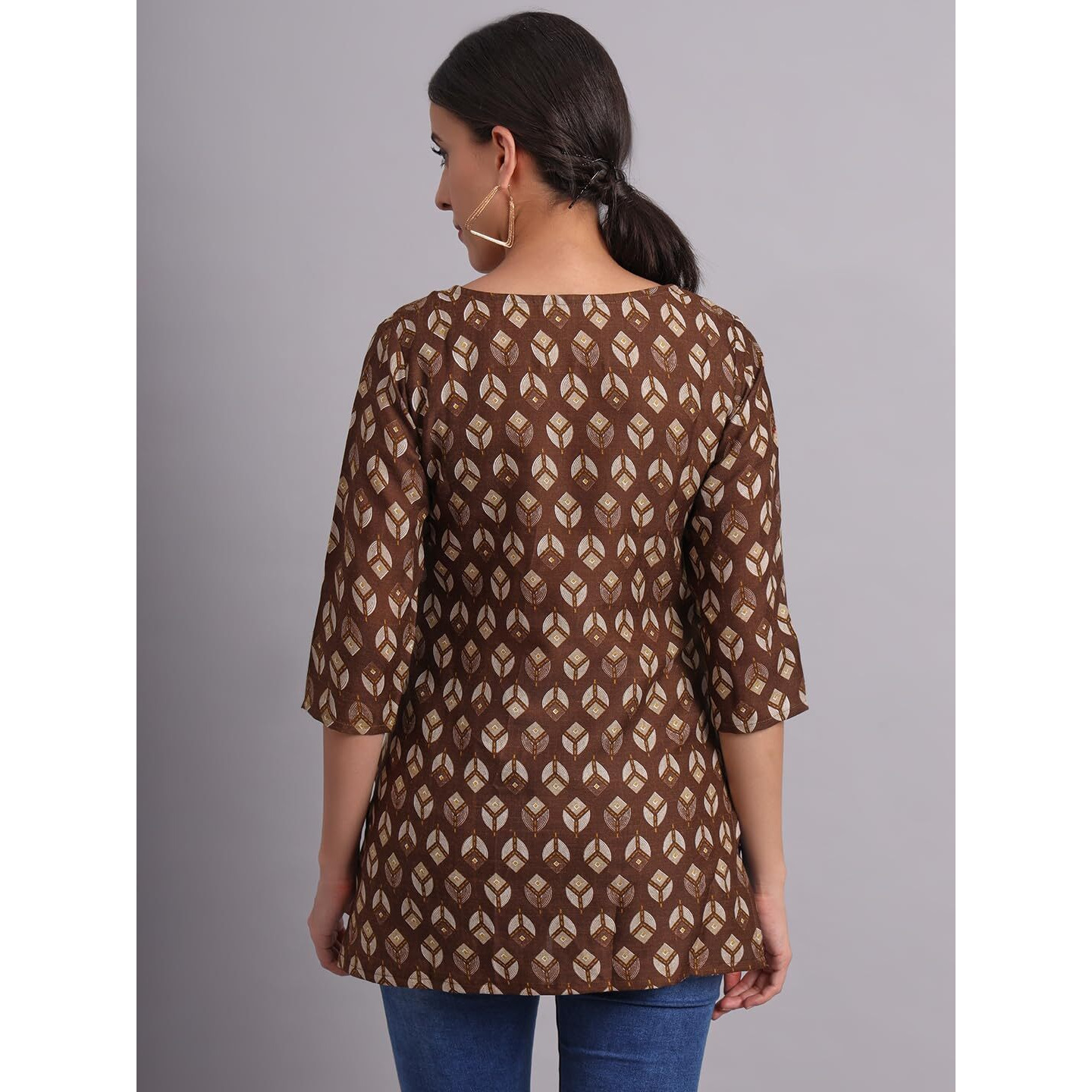 Patlani Women's Cotton Printed Short Fullstitched Kurti/Kurtas. Coffee
