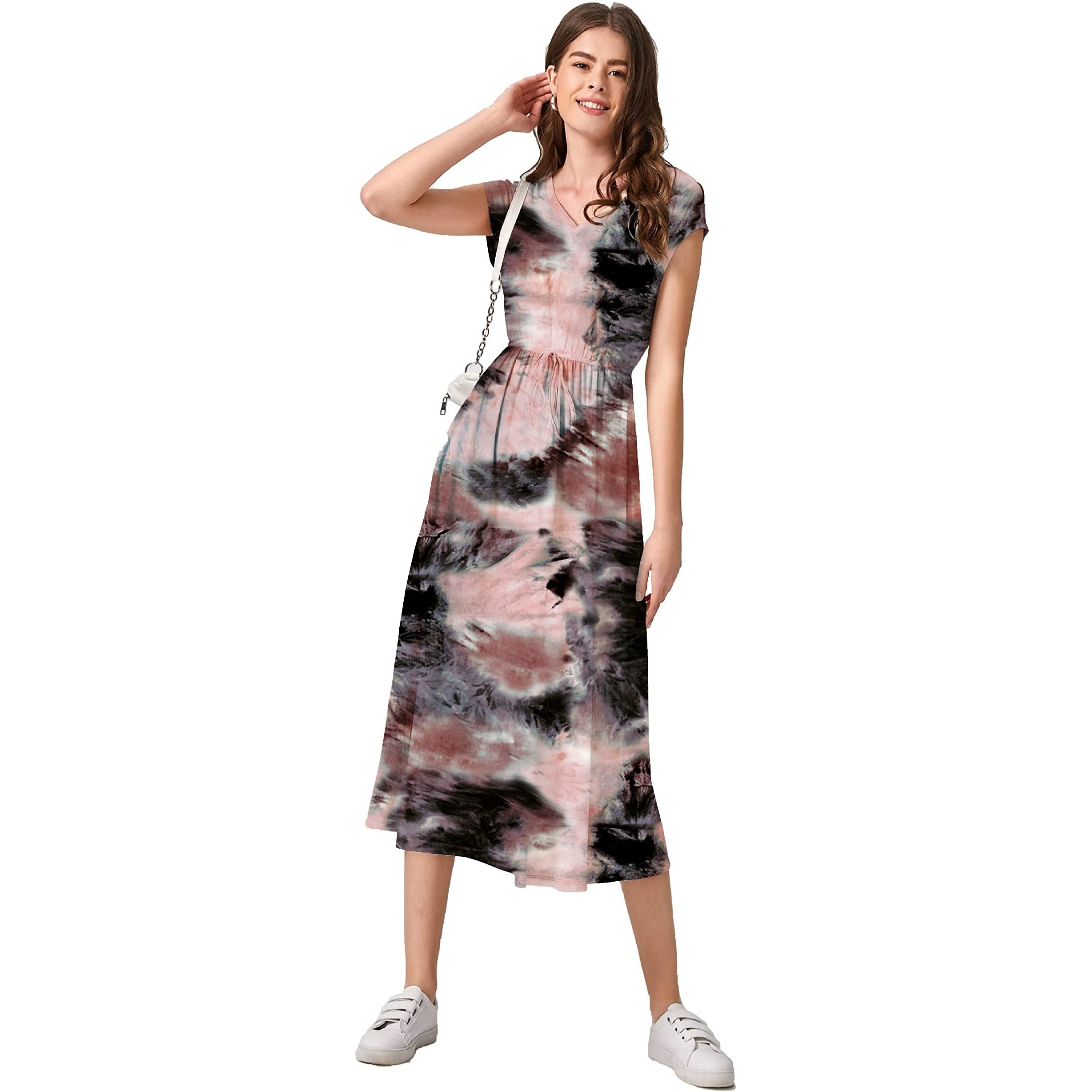 Om Sai Latest Creation Women's Tai-Dye Printed Mesh High V-Collar Neck Tunic Western Dress(Blue_L) (Xx-Large, Brown)