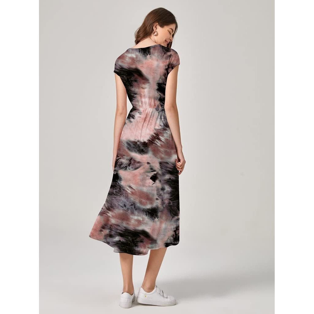 Om Sai Latest Creation Women's Tai-Dye Printed Mesh High V-Collar Neck Tunic Western Dress(Blue_L) (Xx-Large, Brown)