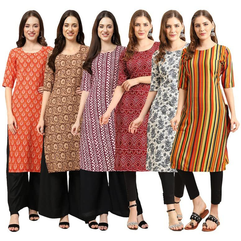 Pinkmint Women's Crepe Digital Print Straight Kurta [Pack Of 6](Pv-354-379-347-374-357-356-L)