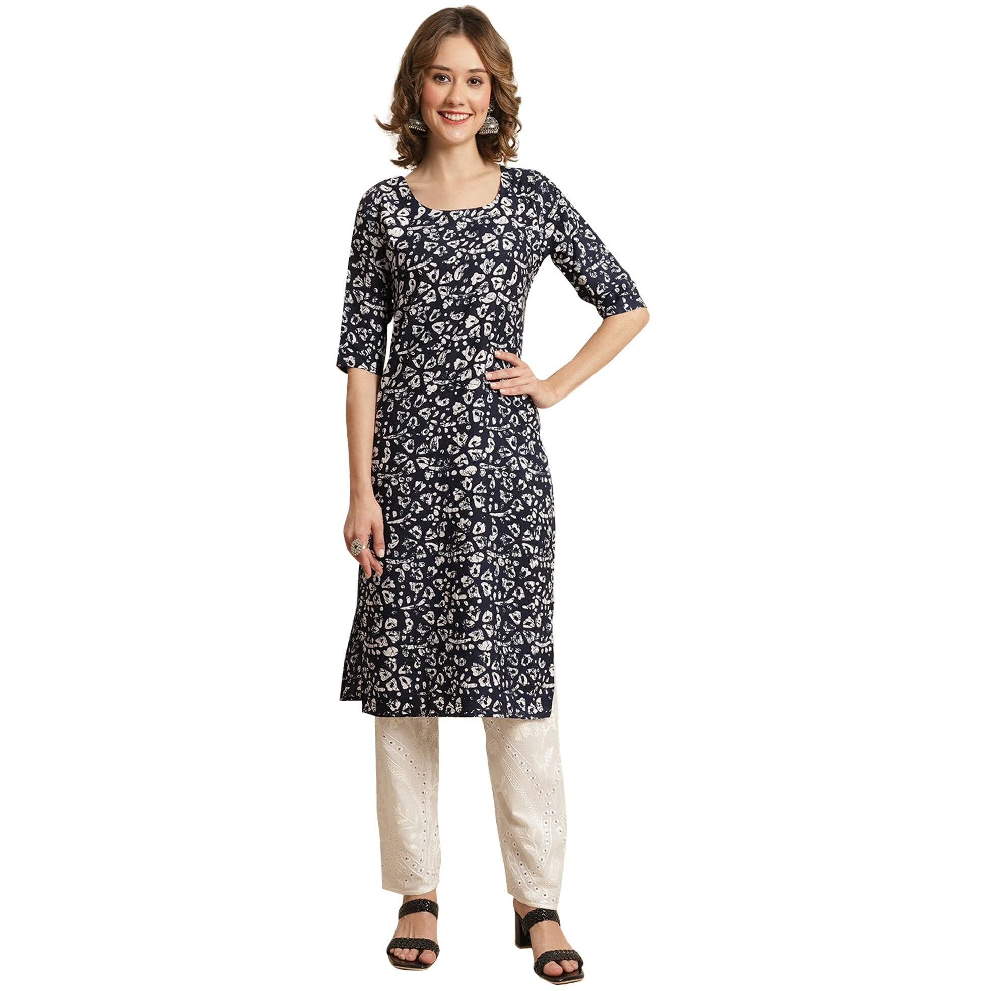 Pinkmint Women's Crepe Navy Blue Floral Printed Straight Kurti (530388-M)