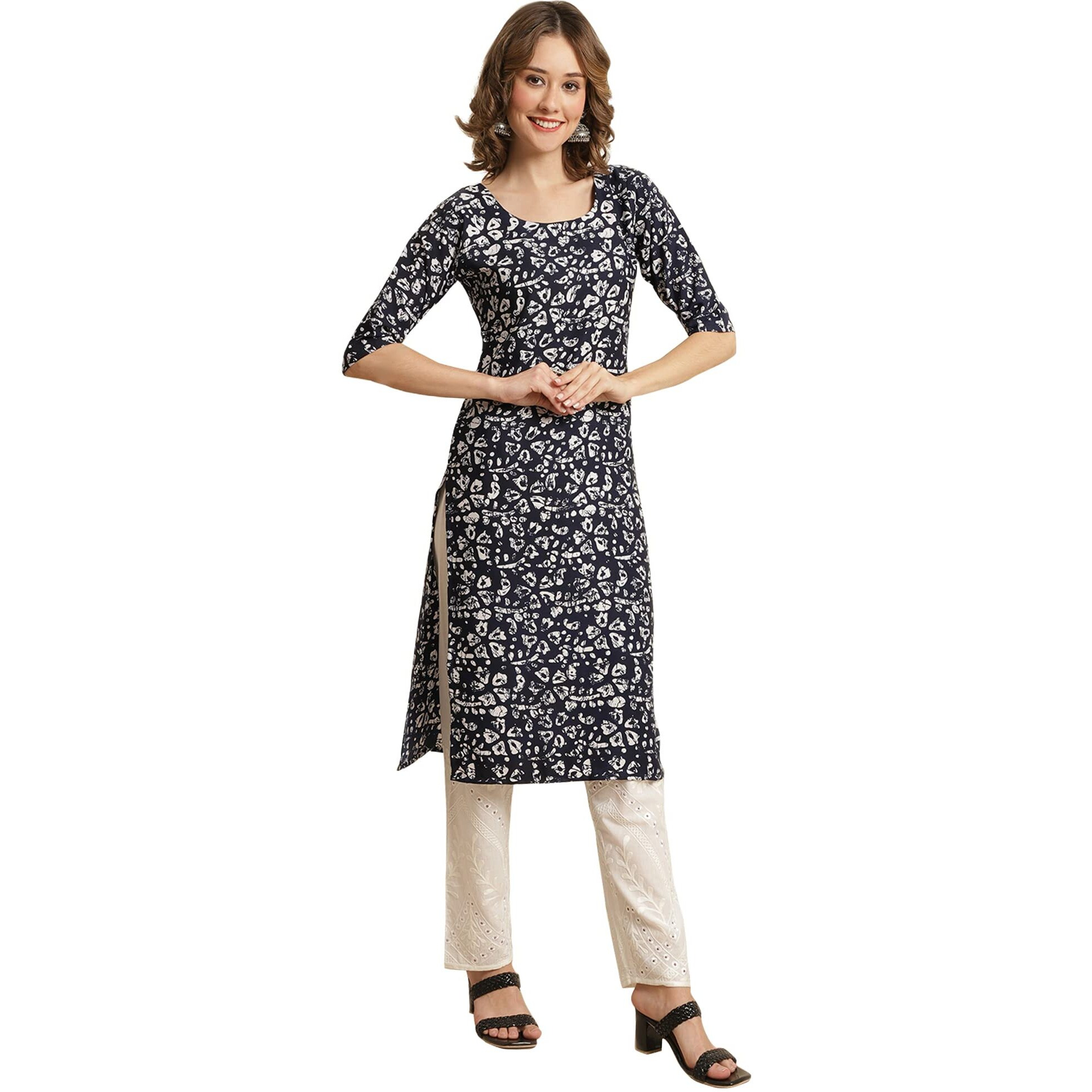 Pinkmint Women's Crepe Navy Blue Floral Printed Straight Kurti (530388-M)