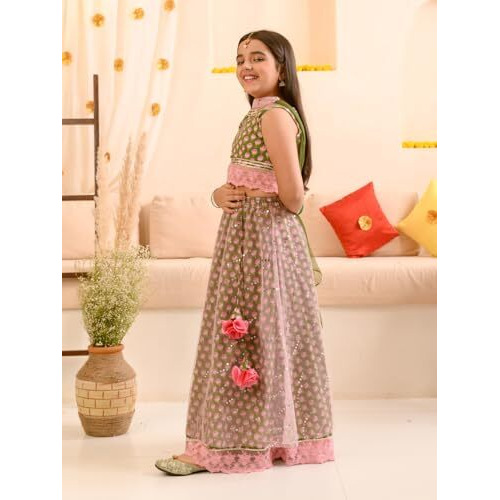 Pspeaches Girl's Cotton Lehenga Choli (L-Greenpink_Green_12-13Y)