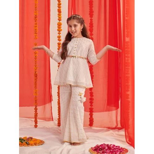 Pspeaches Girl's Georgette Sharara Set (Sha-Ambifoil-15-16Y_White