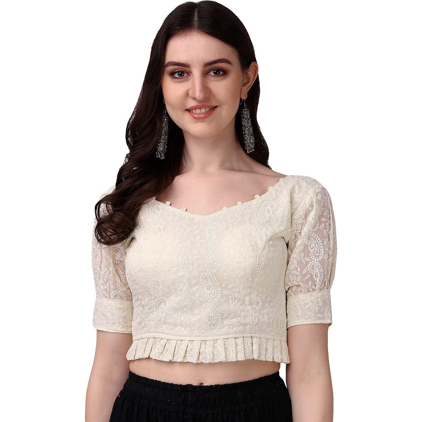 Pujia Mills Women's Georgett Lucknowi Embroidery Puff Sleeve Tie Up Blouse (Lucknowi Tie) (Off White, 36)