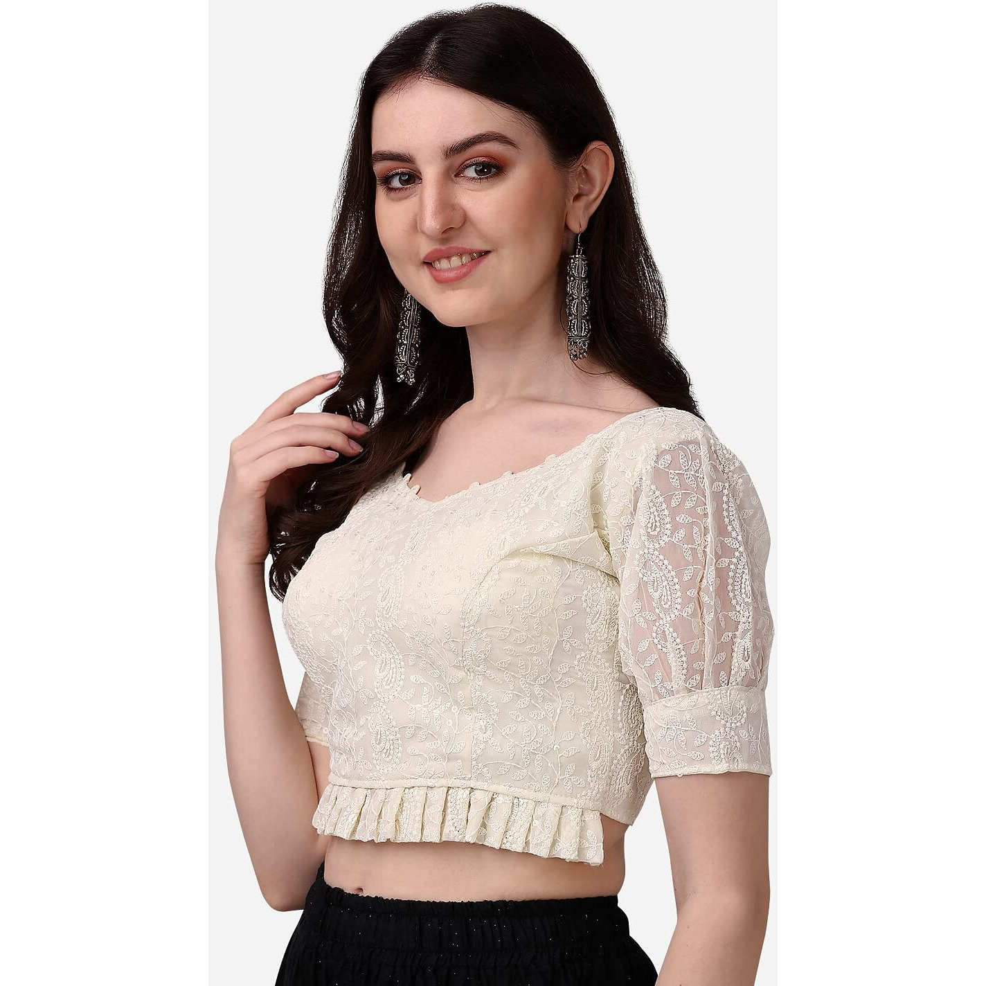 Pujia Mills Women's Georgett Lucknowi Embroidery Puff Sleeve Tie Up Blouse (Lucknowi Tie) (Off White, 36)