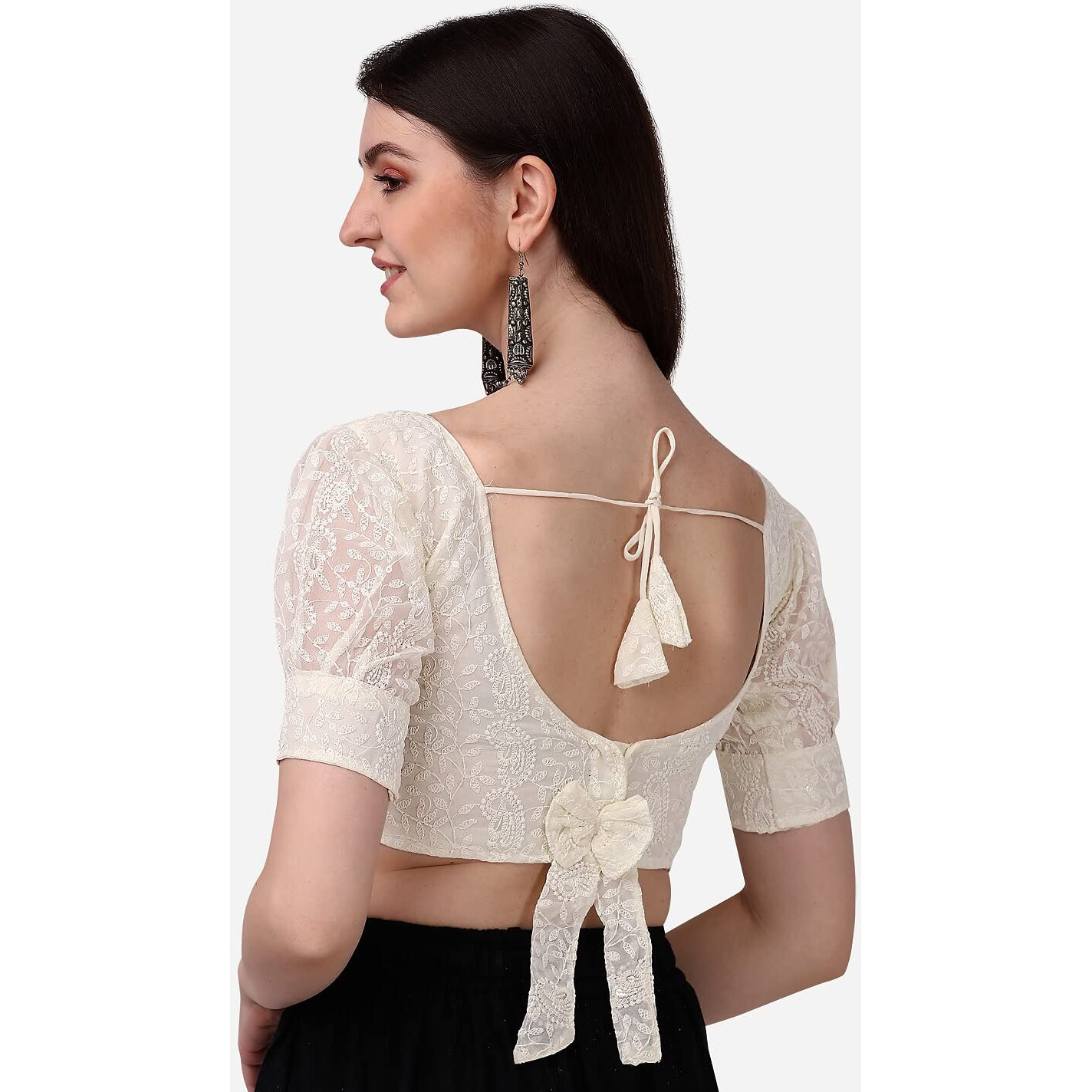 Pujia Mills Women's Georgett Lucknowi Embroidery Puff Sleeve Tie Up Blouse (Lucknowi Tie) (Off White, 36)