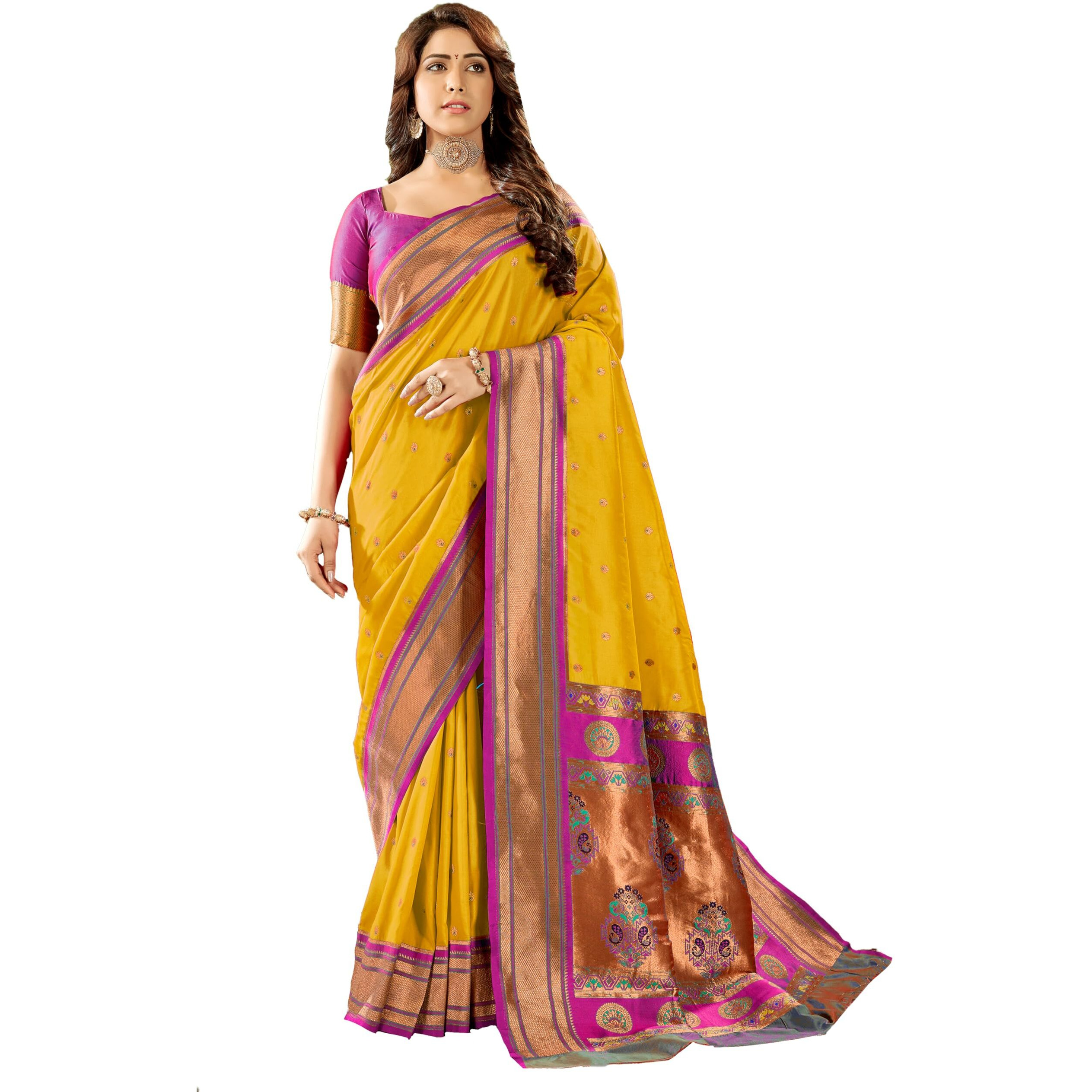 Pujia Mills Women Pure Paithani Soft Silk Saree Banarasi Gold Zari Woven Border Saree For Wedding South Indian Ethnic Wear Saree 2025 Peshwai Zari Yellow Saree With Blouse Piece Kanjivaram Silk Saree