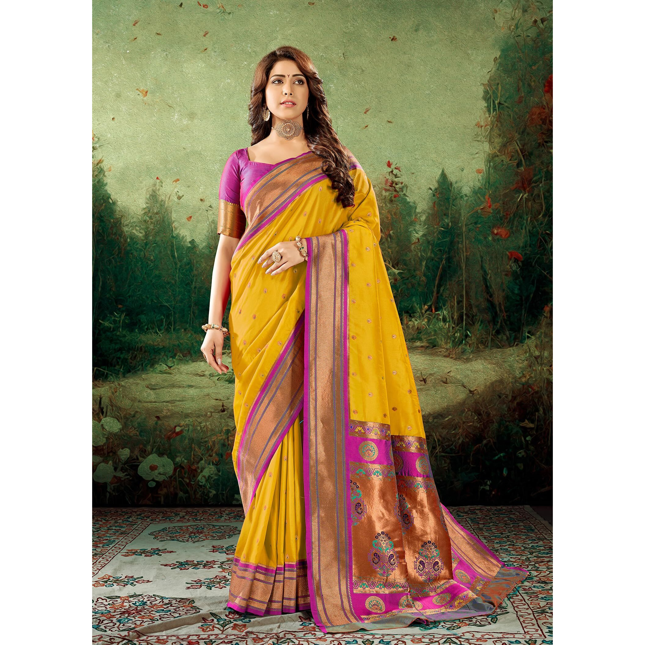 Pujia Mills Women Pure Paithani Soft Silk Saree Banarasi Gold Zari Woven Border Saree For Wedding South Indian Ethnic Wear Saree 2025 Peshwai Zari Yellow Saree With Blouse Piece Kanjivaram Silk Saree