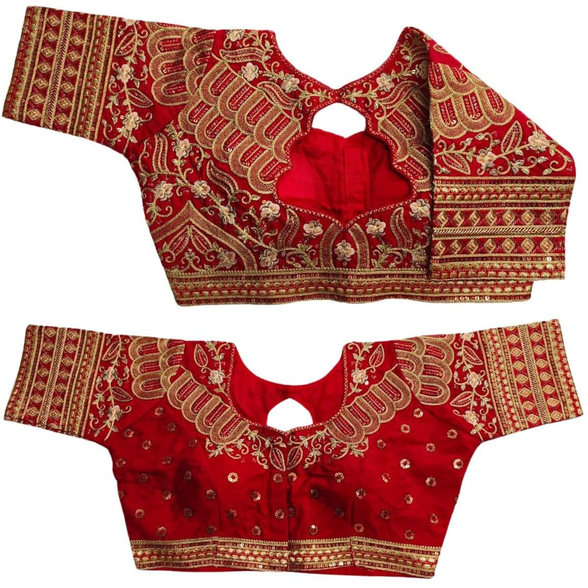 Pujia Mills Women's Silk Half Sleeve Readymade Embroidery Multi Coding Gold Thread Indian Ethnic Designer Stitched Saree Blouse Red Color For Saree Lehenga Choli 38