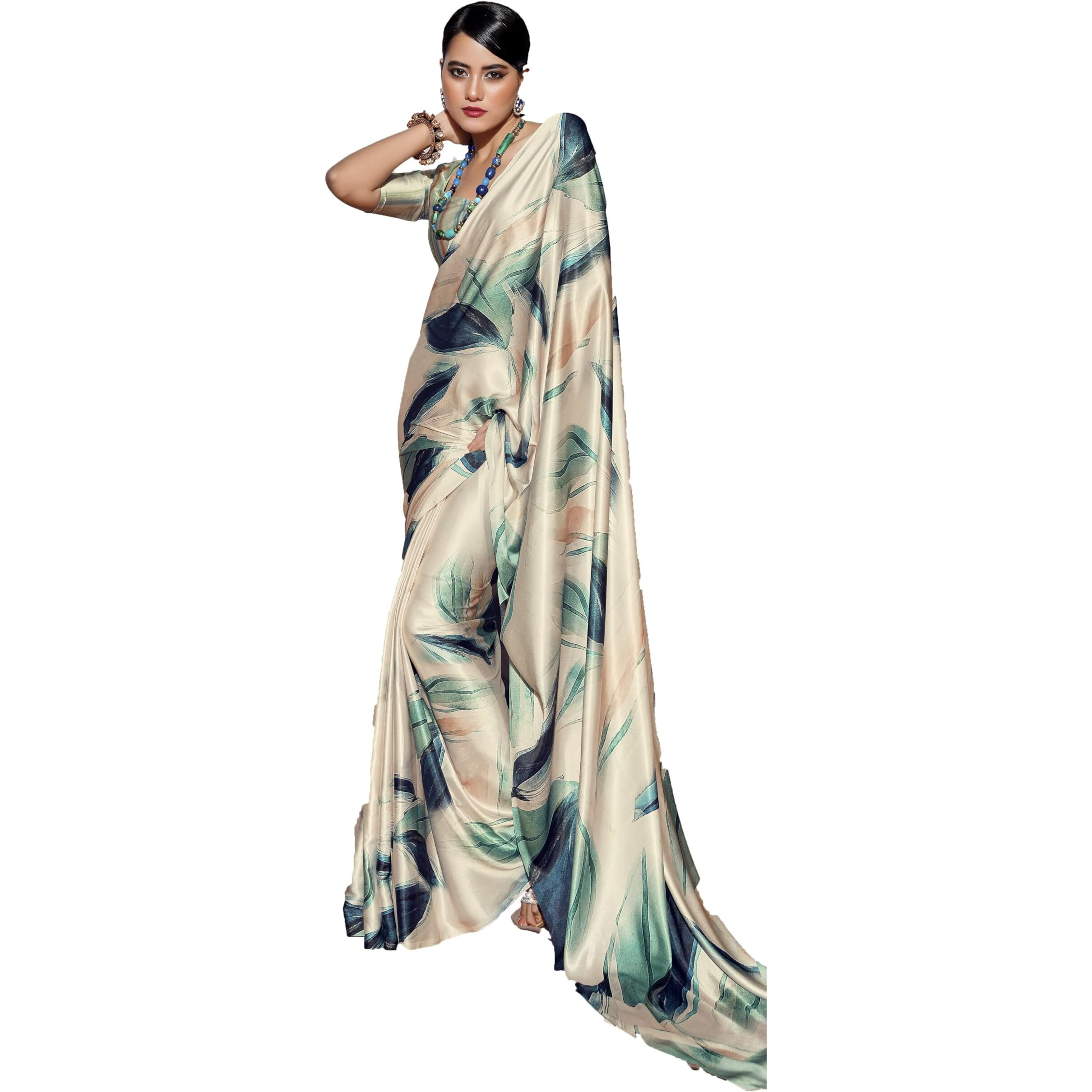 Pujia Mills Woman's Indian Ethnic Wear Simple Printed Saree Digital Print Satin Silk Saree Printed Saree With Unstitch Blouse Regular Printed Sadi Simple Sadi Unique Saree Multicolor Saree