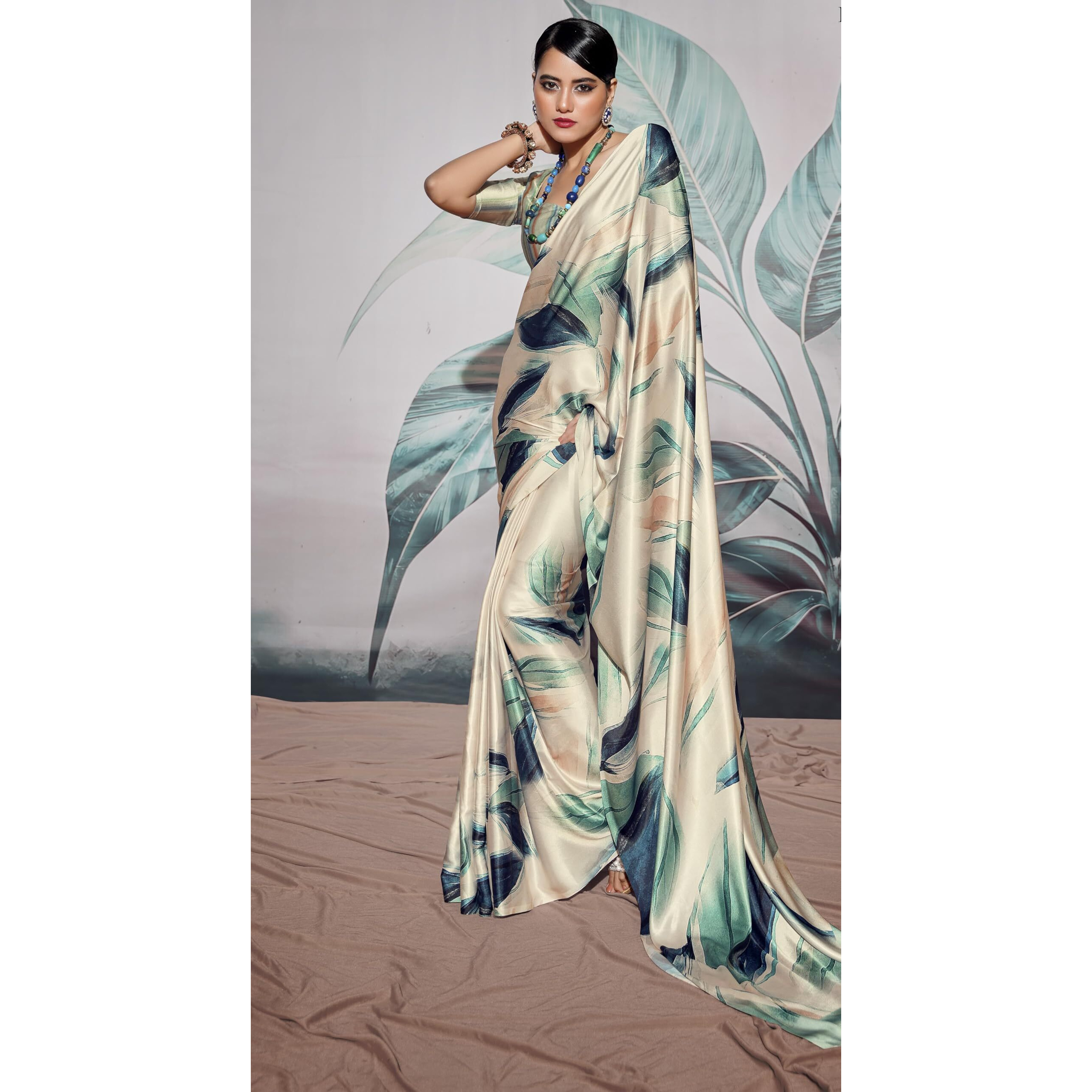 Pujia Mills Woman's Indian Ethnic Wear Simple Printed Saree Digital Print Satin Silk Saree Printed Saree With Unstitch Blouse Regular Printed Sadi Simple Sadi Unique Saree Multicolor Saree