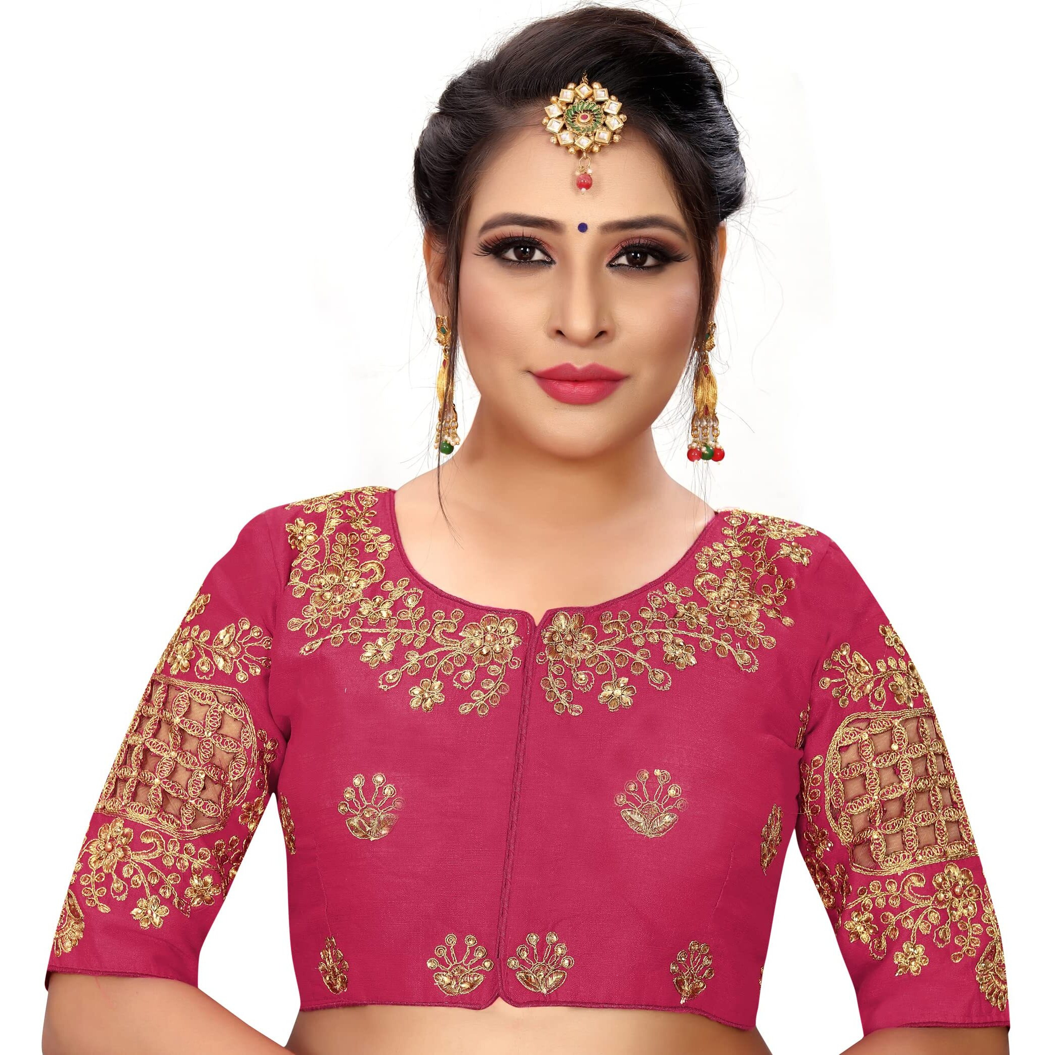 Pujia Mills Women's Multicolor Phantom Silk Floral Embroidery Checks Readymade Saree Blouse (Checks Blouse_Gajari_38 Size+ Margin)