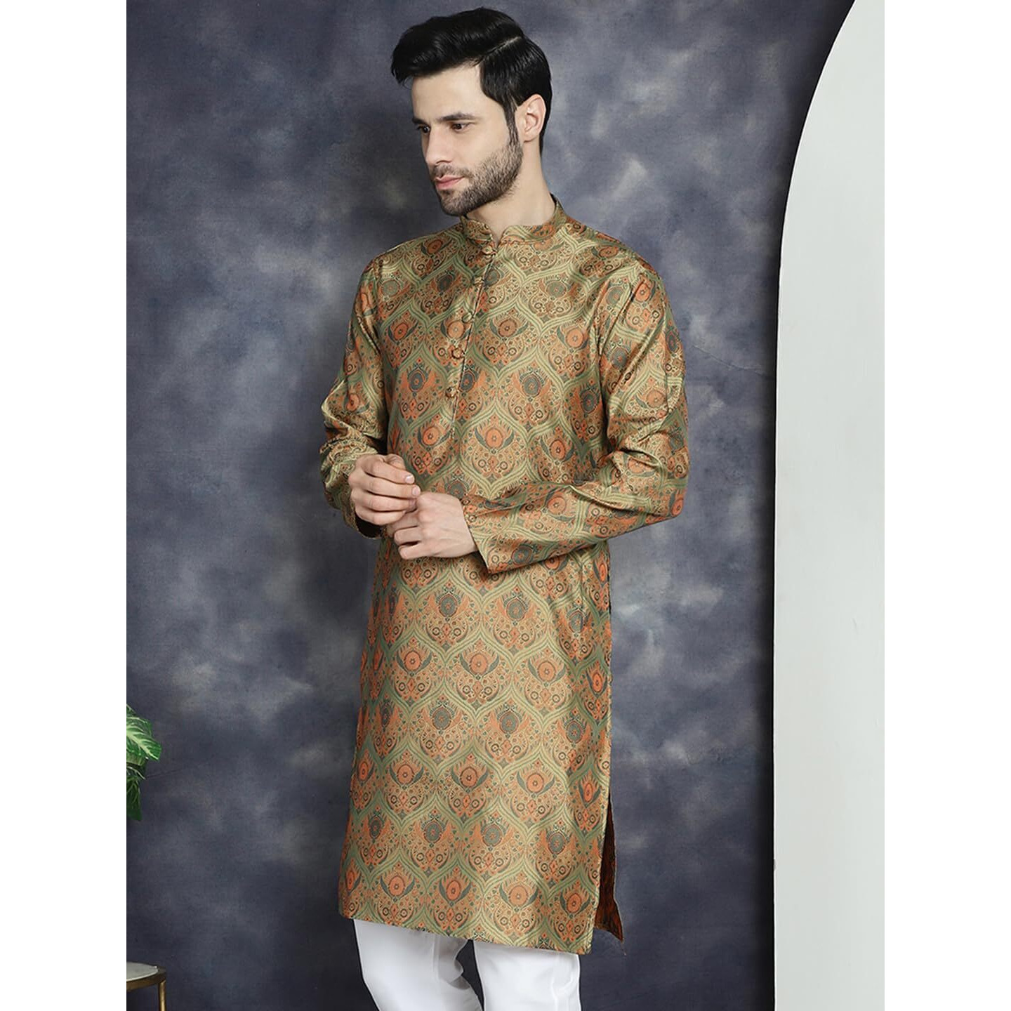 Jompers Men's Golden Silk Blend Straight Kurtas (Golden, M)