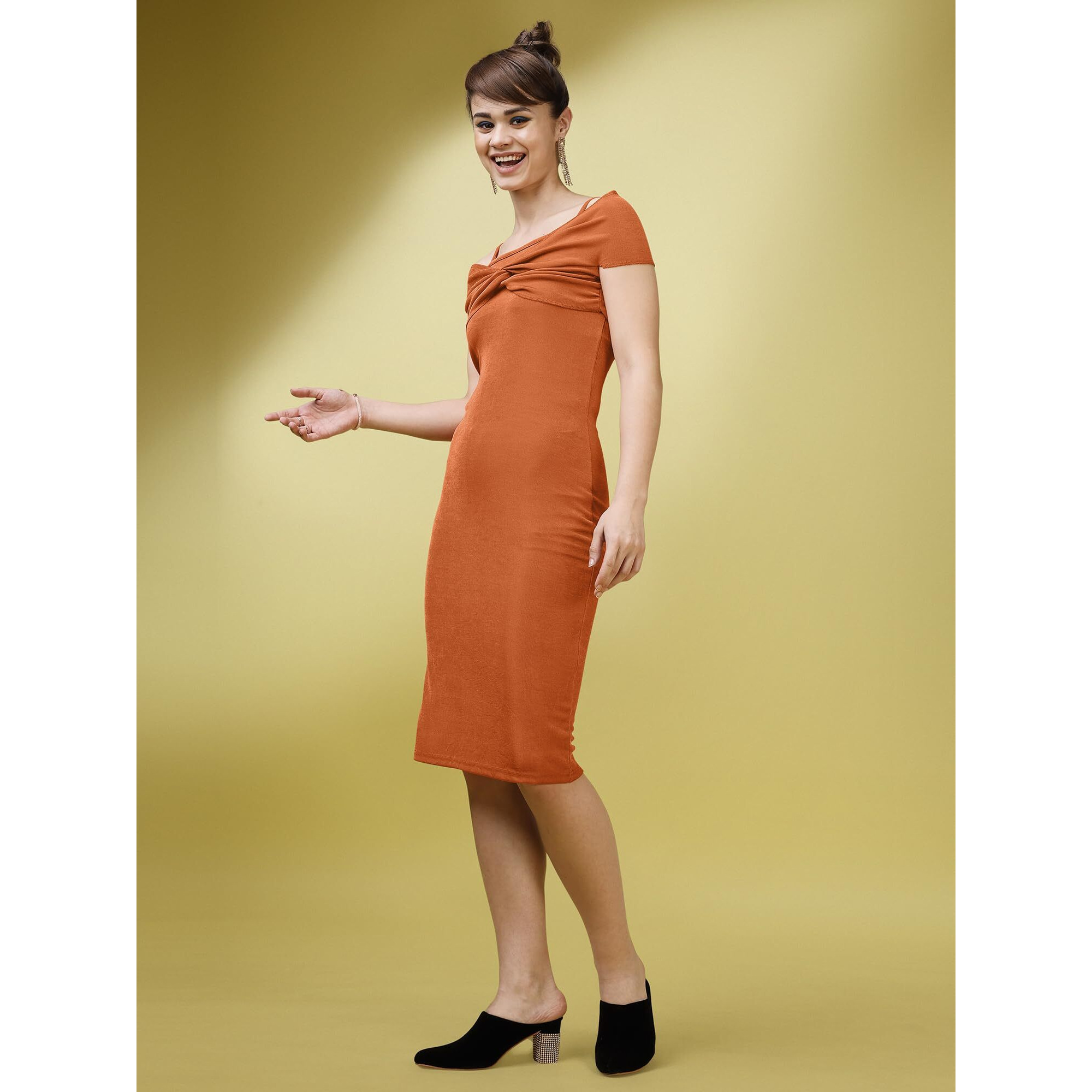 Purvaja Womens Bodycon Below Knee Length Dress (Shine-045-Carroot_Orange-X-Large)