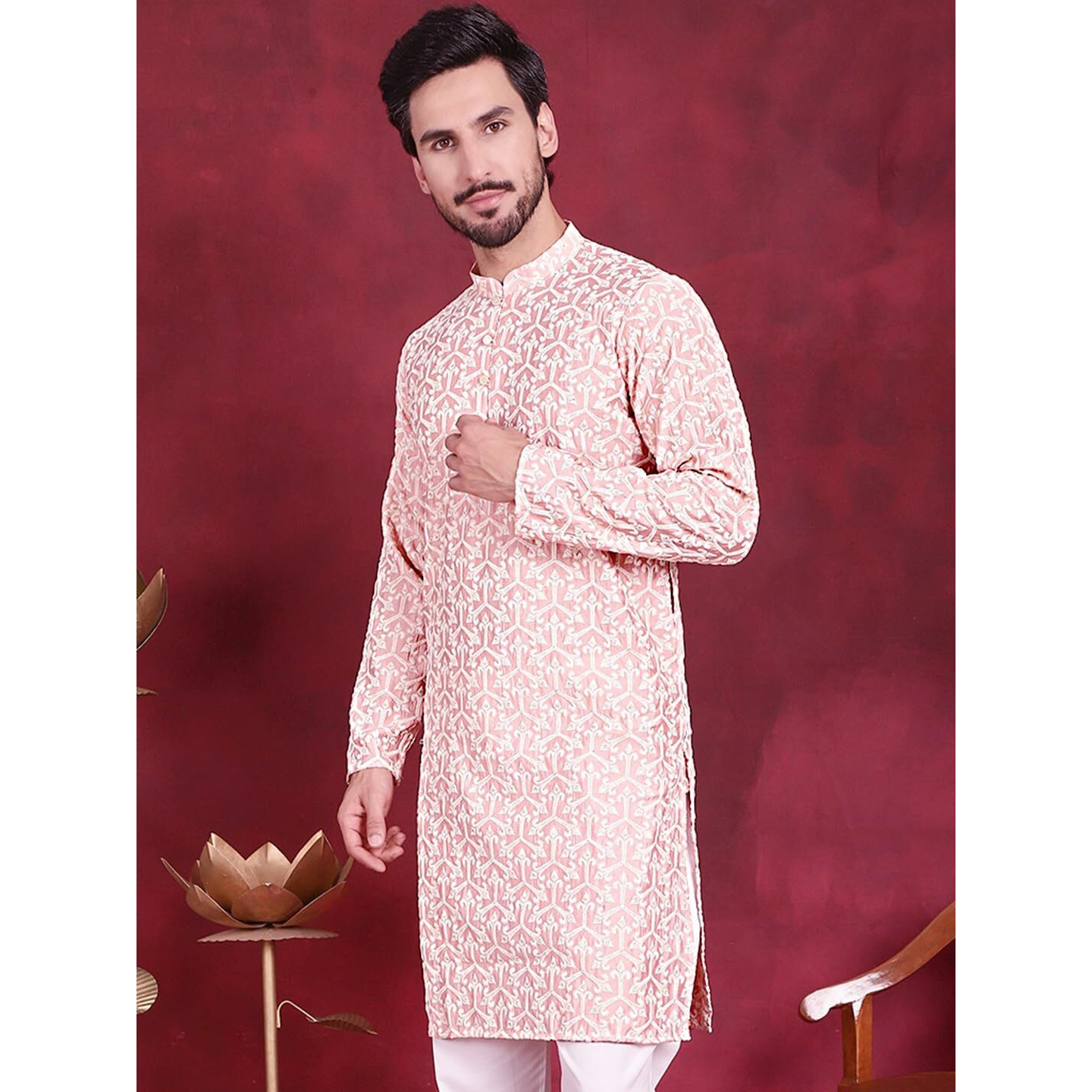 Jompers Mens Chikankari Embroidered Kurtas (Pink, Xxl)