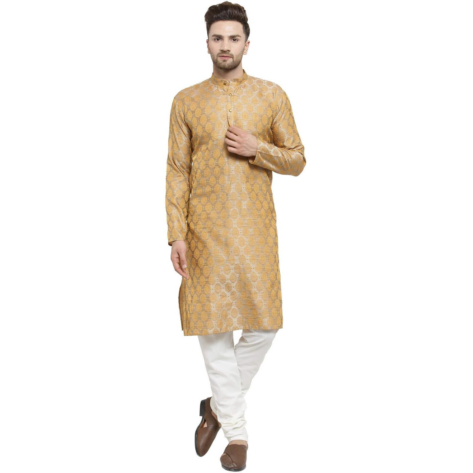 Jompers Men's Jacquard Silk Kurta And Pyjama(Silver,M)