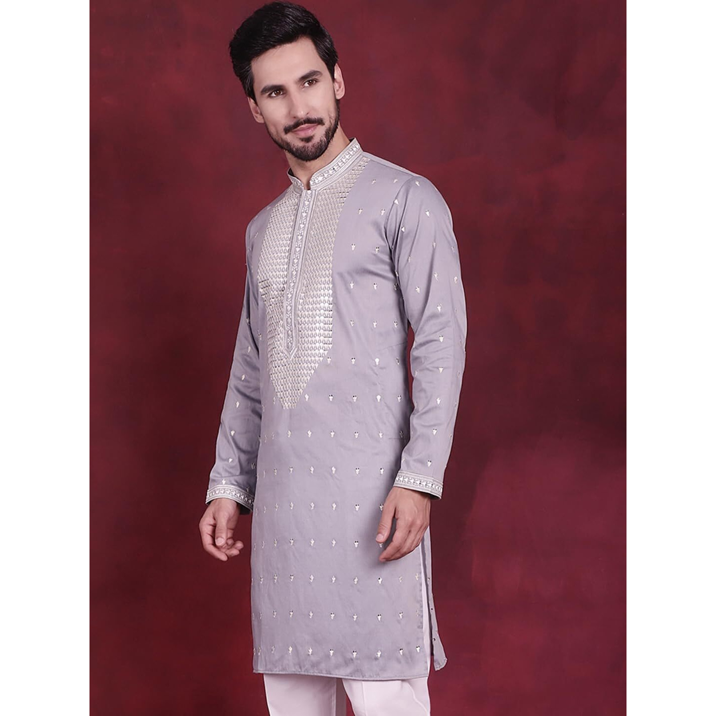 Jompers Mens Sequins Embroidered Kurtas (Grey, Xl)
