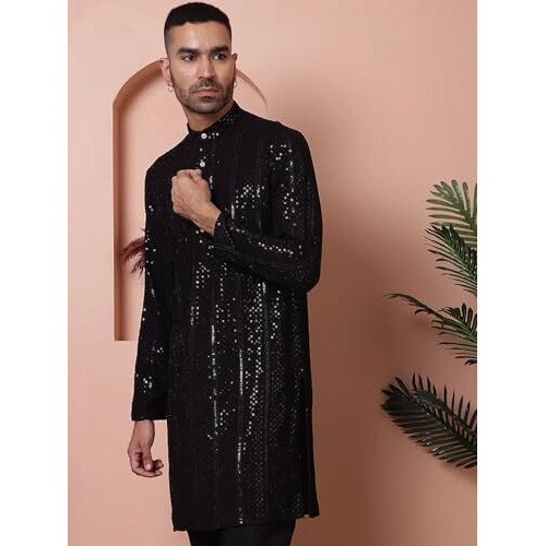 Jompers Men's Black Sequins Embroidered Kurtas. (Black, Xl)