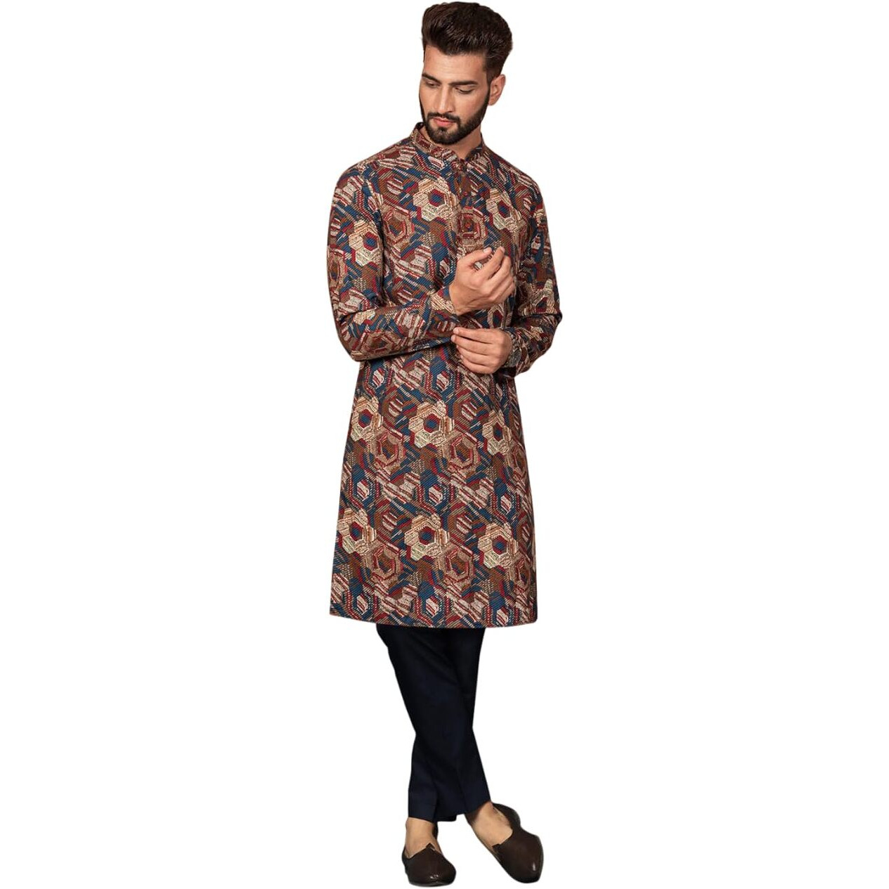 Kisah Men's Cotton Blend Long Sleeves Regular Fit Printed Multi Kurta Trousers Set (L)