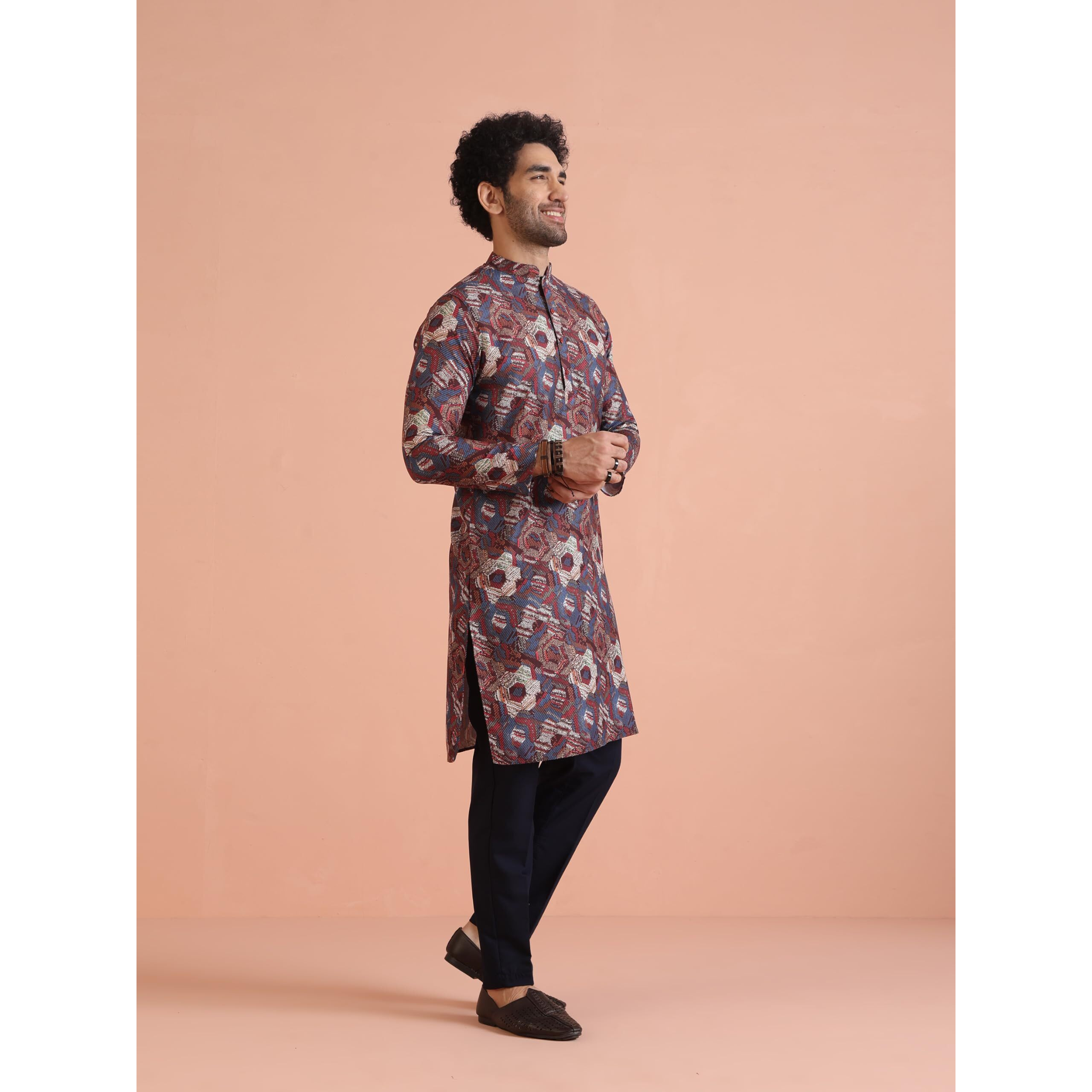 Kisah Men's Cotton Blend Long Sleeves Regular Fit Printed Multi Kurta Trousers Set (L)