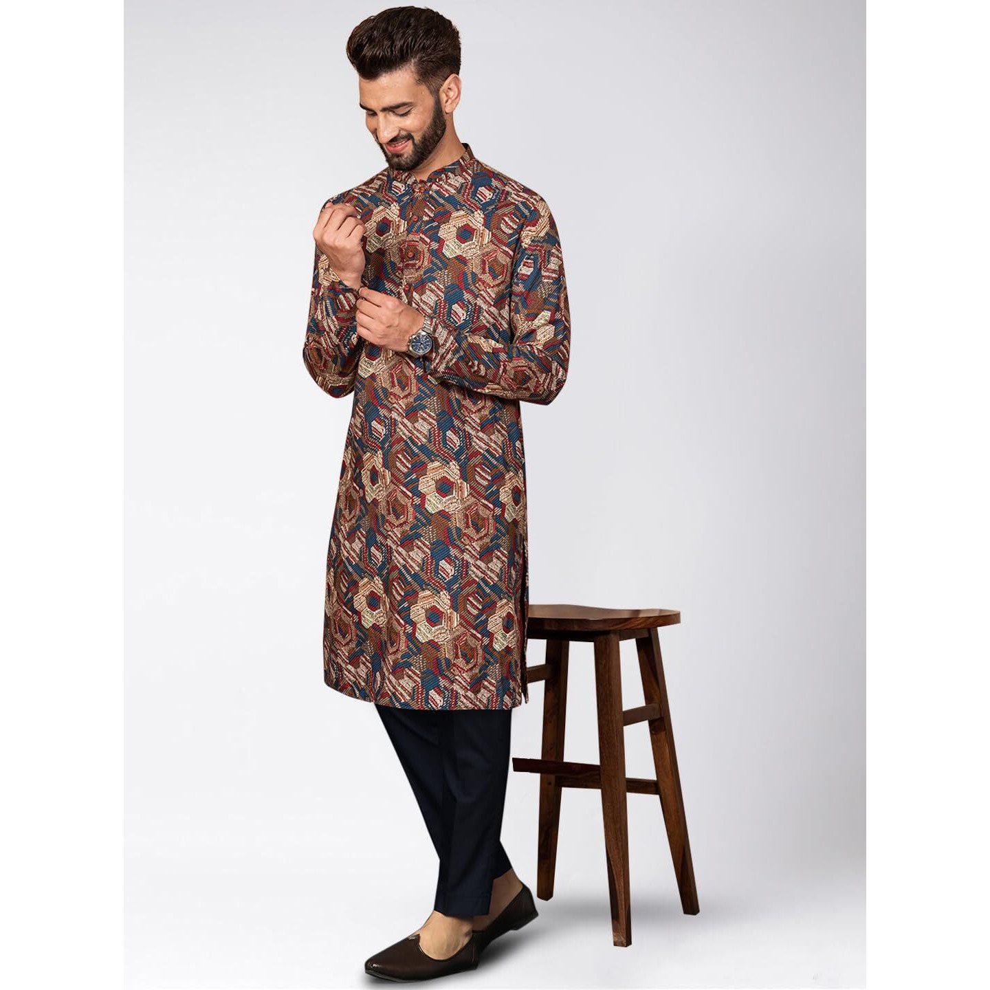 Kisah Men's Cotton Blend Long Sleeves Regular Fit Printed Multi Kurta Trousers Set (L)