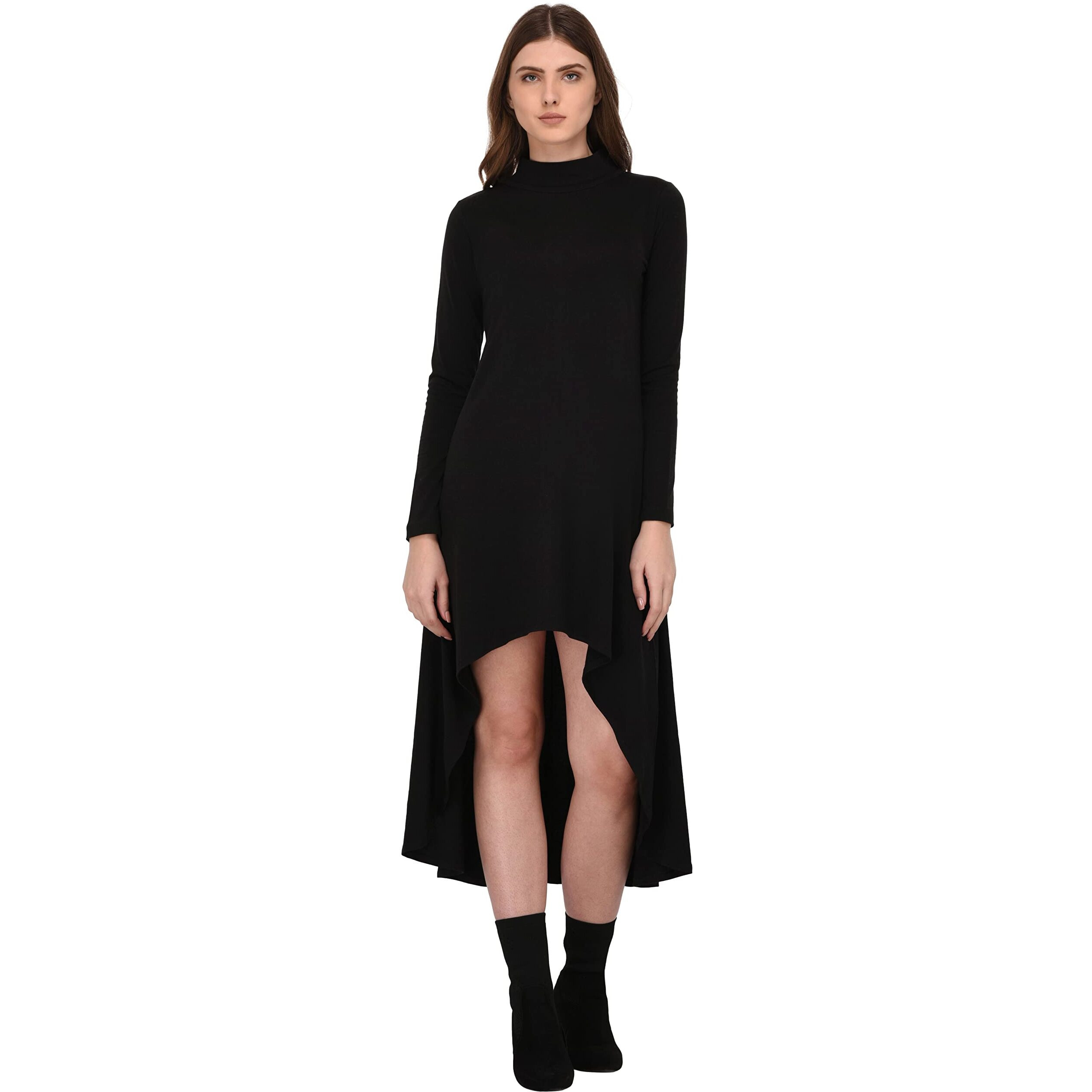 Rigo Women's A-Line Black Full Sleeve Cotton High Low Dress (Wdrs145-1055-M_Black)