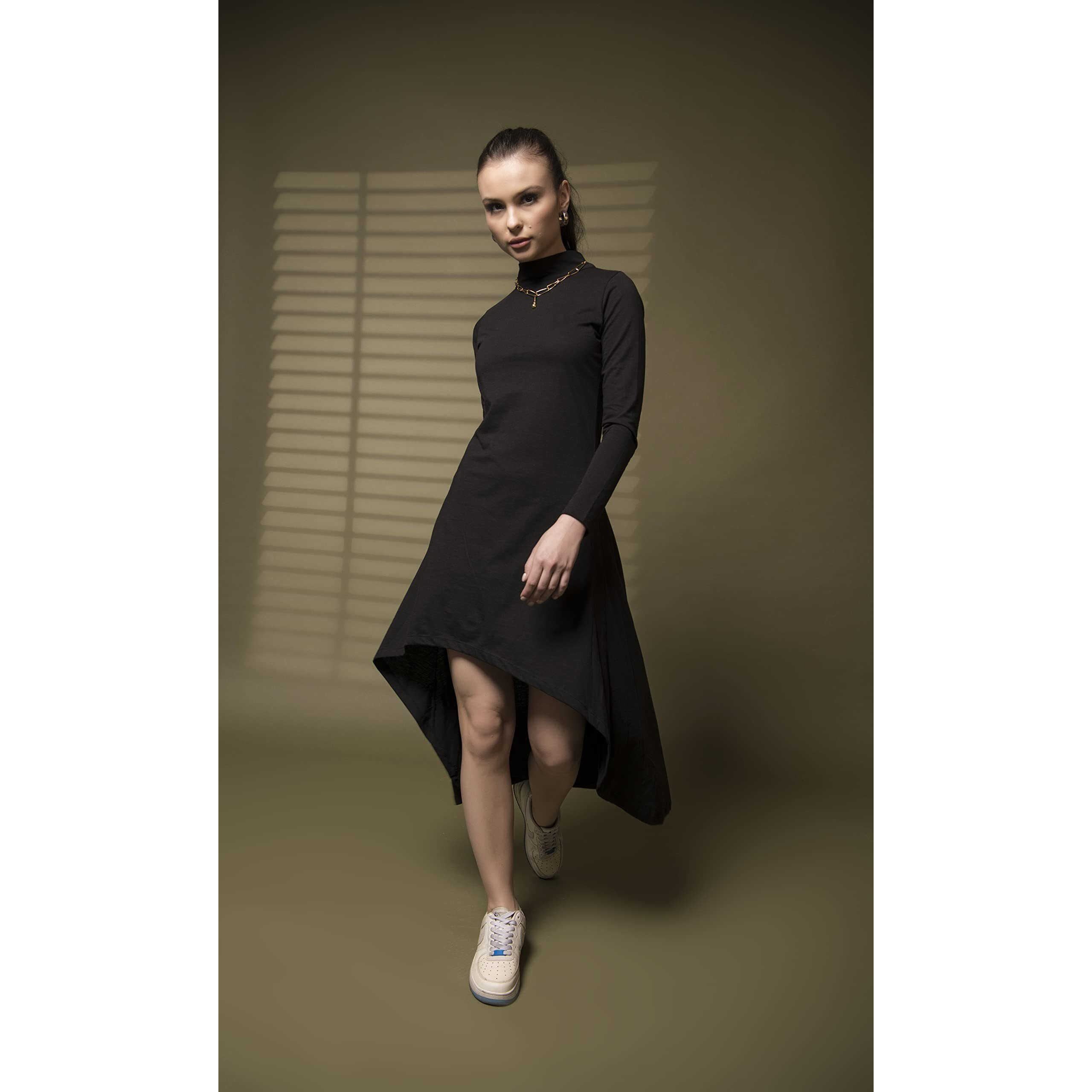Rigo Women's A-Line Black Full Sleeve Cotton High Low Dress (Wdrs145-1055-M_Black)