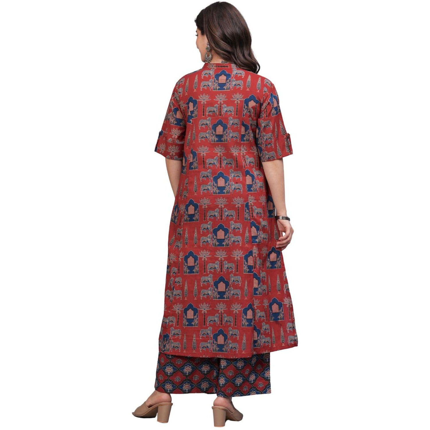 Rytras Women's Pure Cotton Printed A-Line Kurta Set With Palazzo Pants - Ethnic Wear, Maroon(Ryt595,S)