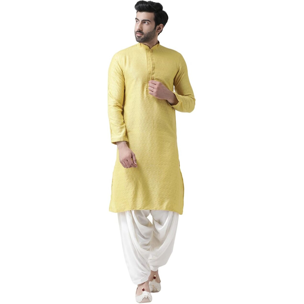 Kisah Men's Kurta Patiala Set, Yellow Jacquard, Floral Regular Fit Mandarin Collar Long Sleeves (M)
