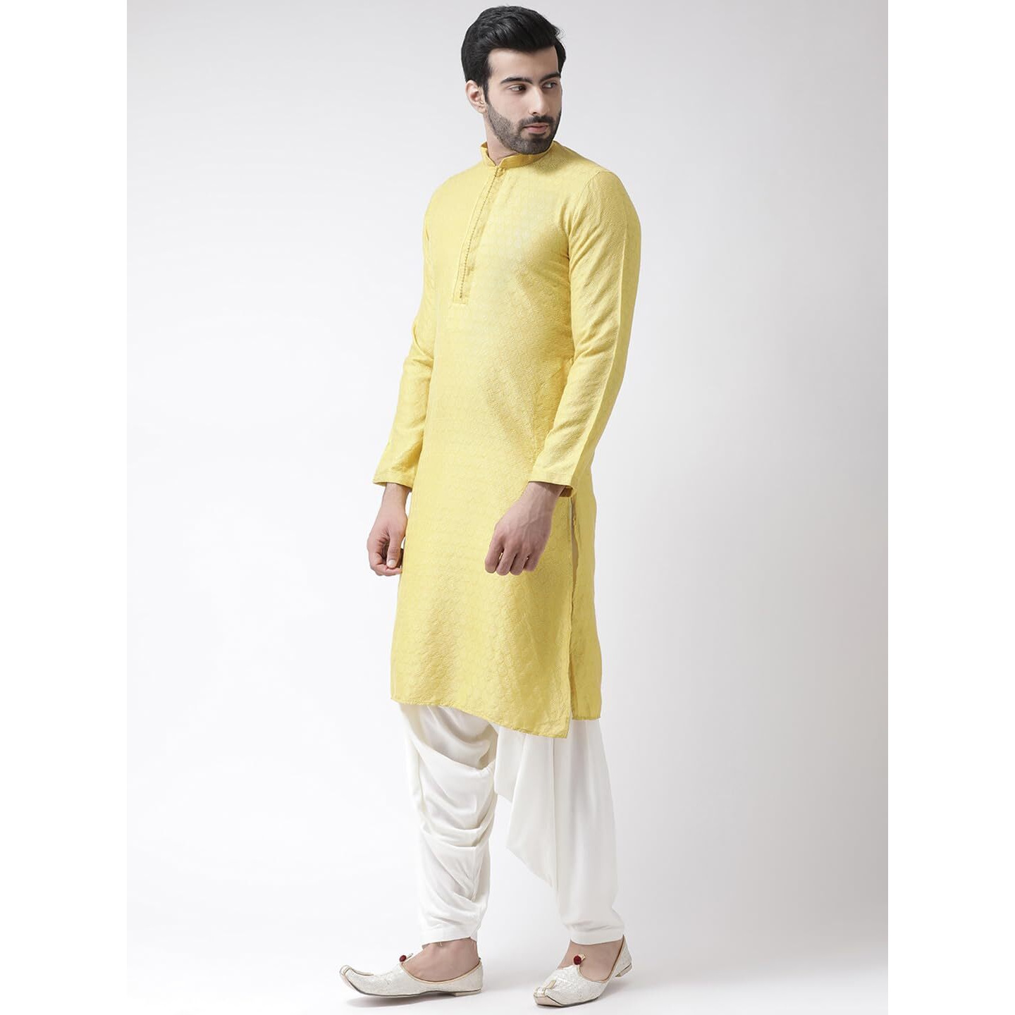 Kisah Men's Kurta Patiala Set, Yellow Jacquard, Floral Regular Fit Mandarin Collar Long Sleeves (M)