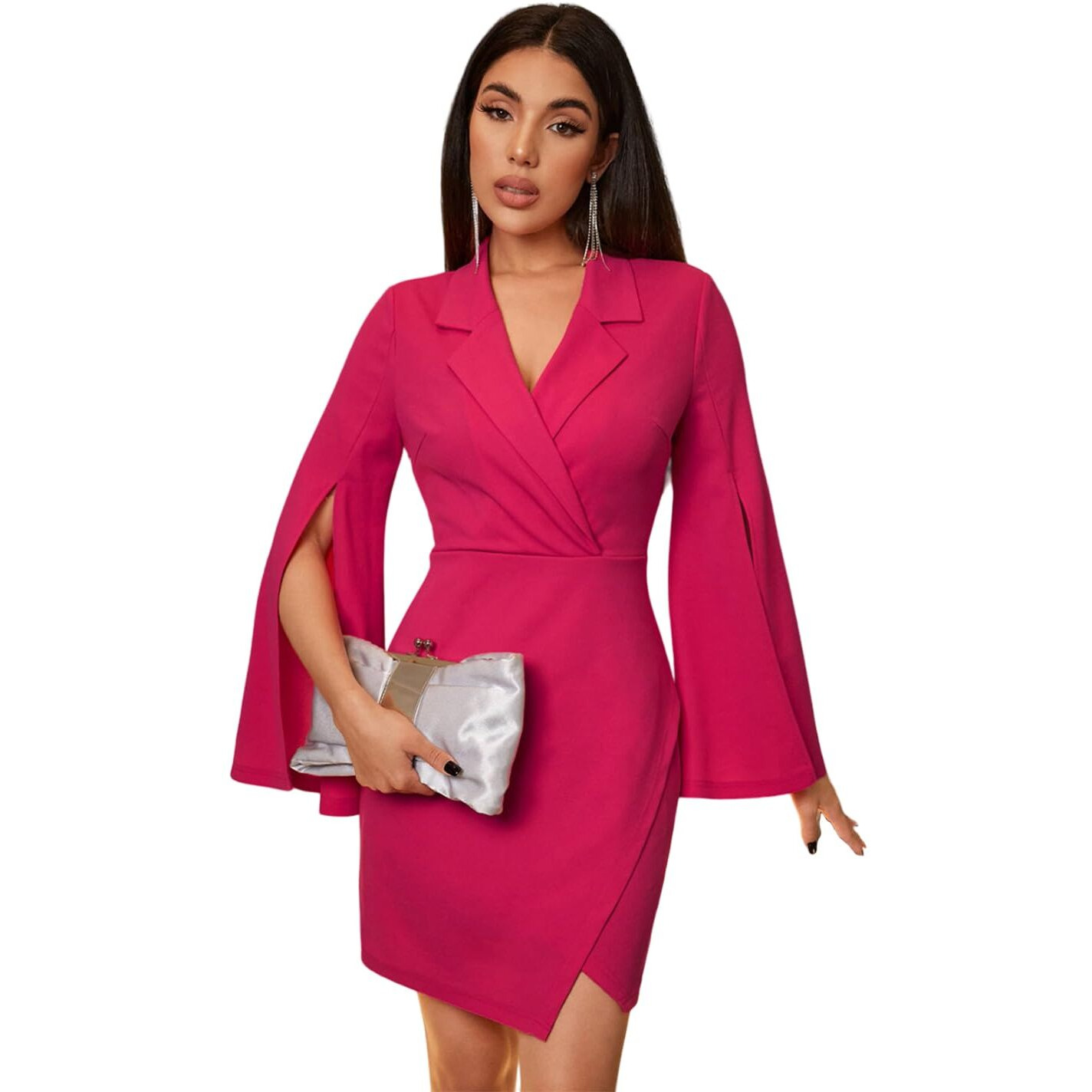 Kotty Women's Shirt Collar Tulip Slit Sleeve Knitted Wrap Dress(Pink,M)