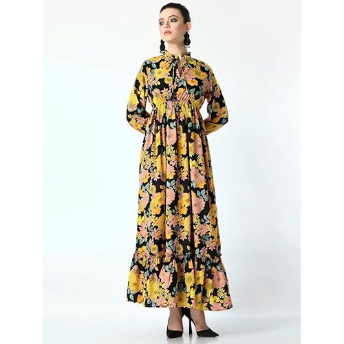 Kzully Women's Crepe A-Line Maxi Dress (8001-Yellow-Peach-Flower-Xxl_Yellow
