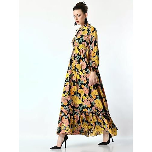 Kzully Women's Crepe A-Line Maxi Dress (8001-Yellow-Peach-Flower-Xxl_Yellow