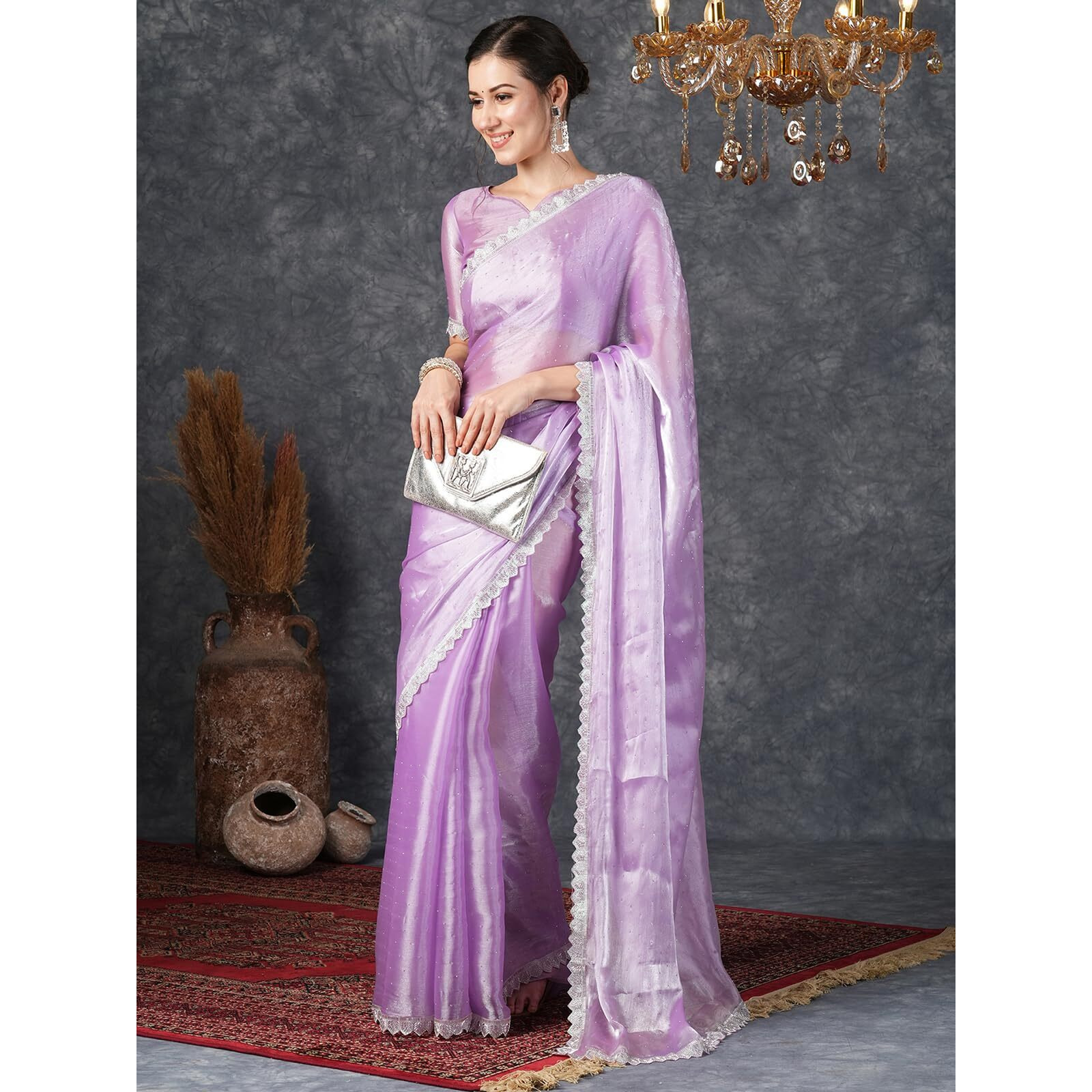 Satrani Women's Shimmer Chiffon Dual Tone Stone Work Jimmy Choo Saree With Unstitched Blouse Piece (3799S292N_Purple)
