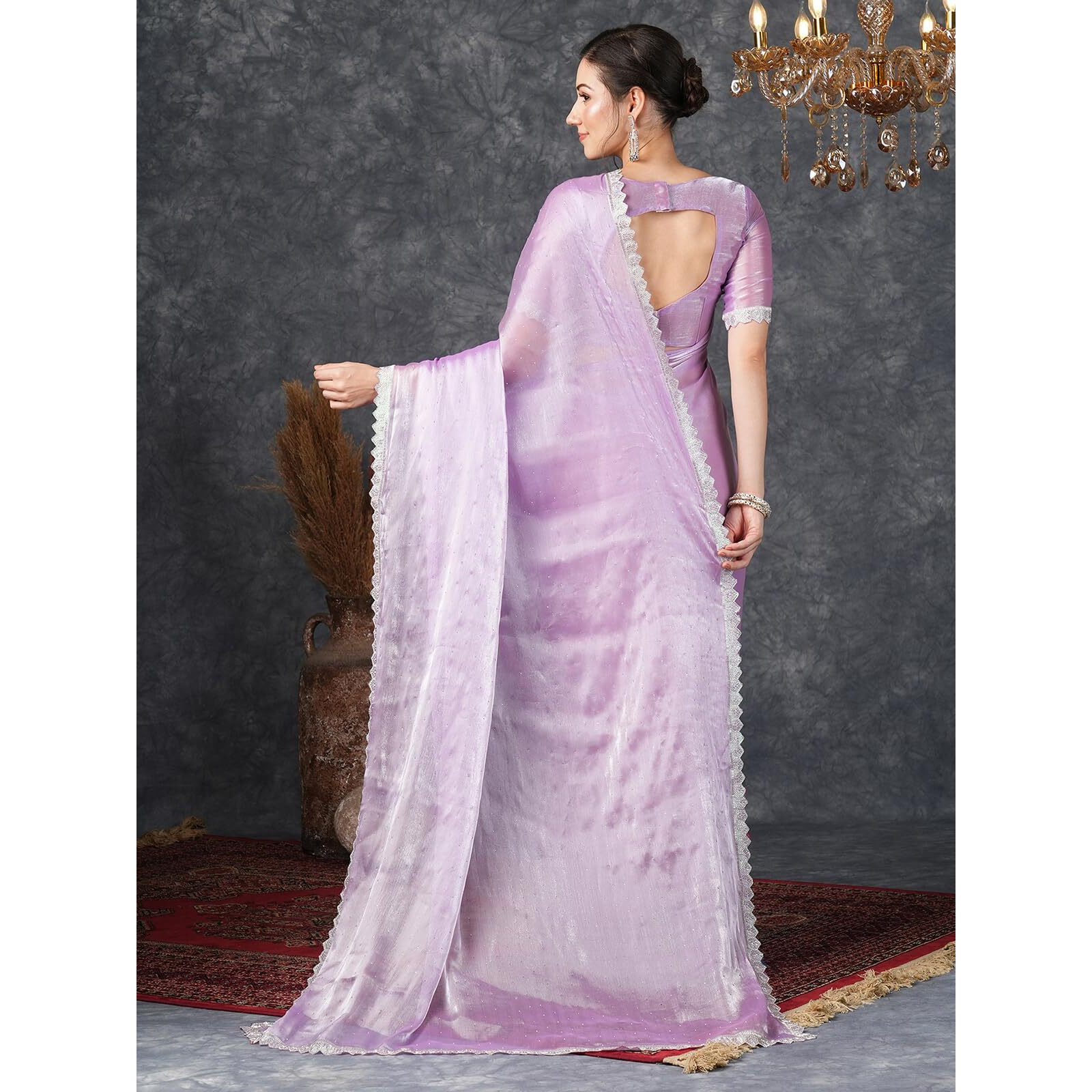 Satrani Women's Shimmer Chiffon Dual Tone Stone Work Jimmy Choo Saree With Unstitched Blouse Piece (3799S292N_Purple)