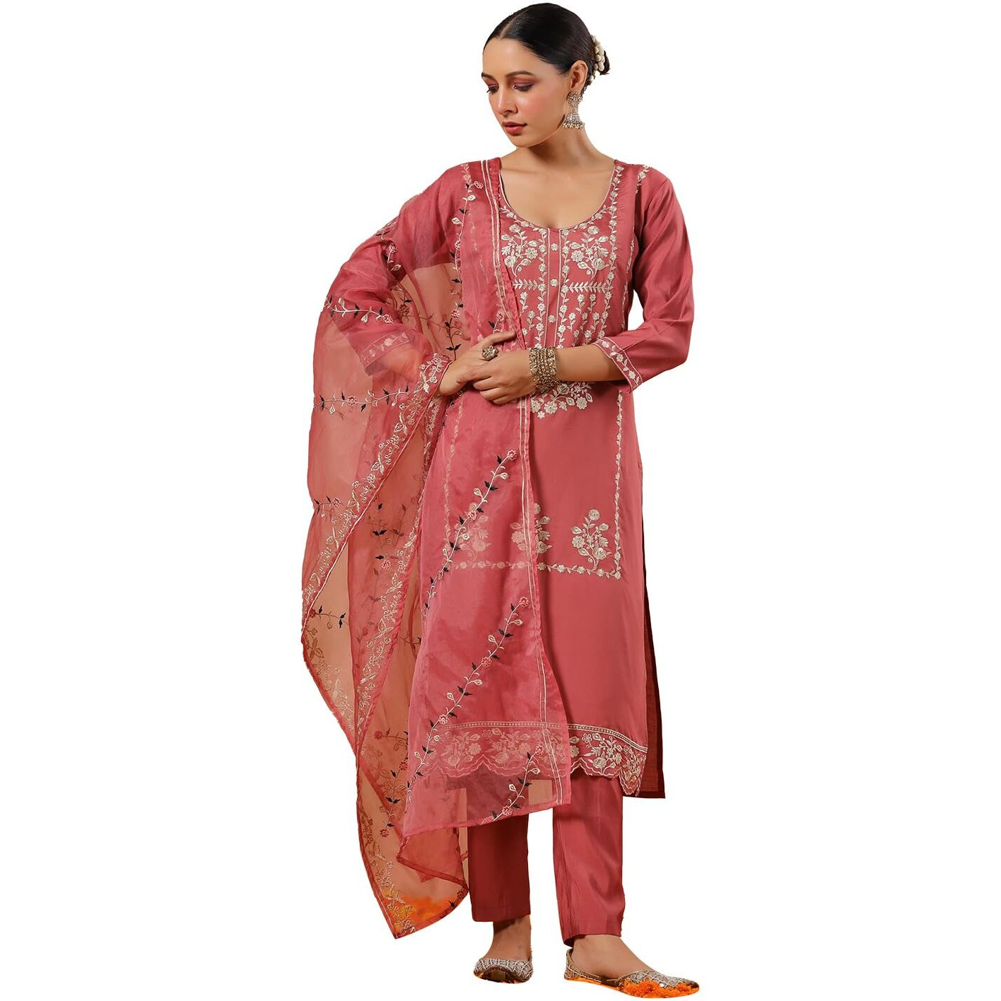 Ishin Women's Poly Silk Ethnic Motifs Embroidered Peach Straight Kurta Suit Set With Trousers And Dupatta