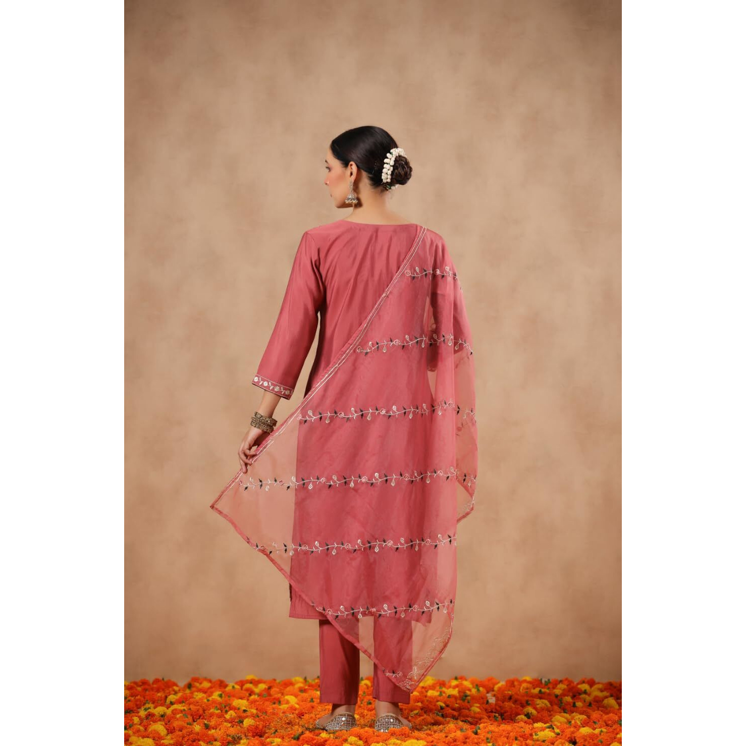 Ishin Women's Poly Silk Ethnic Motifs Embroidered Peach Straight Kurta Suit Set With Trousers And Dupatta