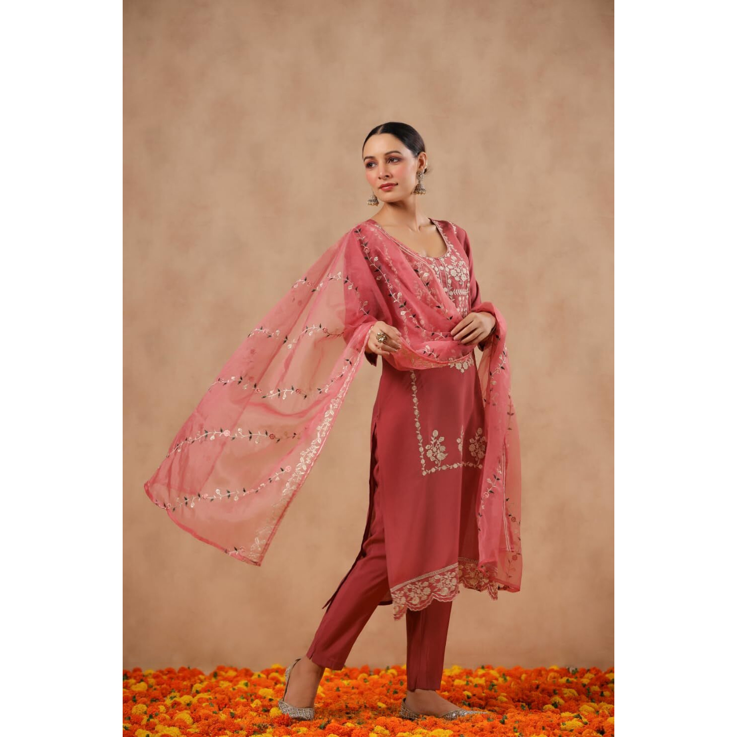 Ishin Women's Poly Silk Ethnic Motifs Embroidered Peach Straight Kurta Suit Set With Trousers And Dupatta
