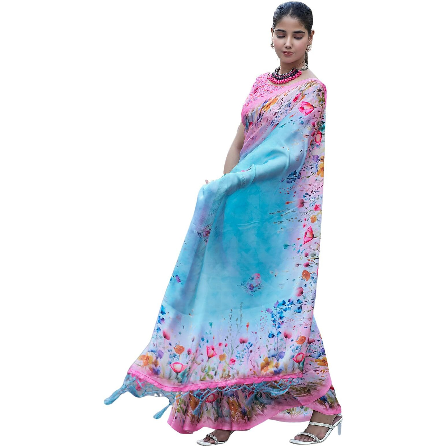 Satrani Women's Floral Printed Viscose Satin Saree With Unstitched Blouse Piece (3753S154N_Light Blue & Pink3)