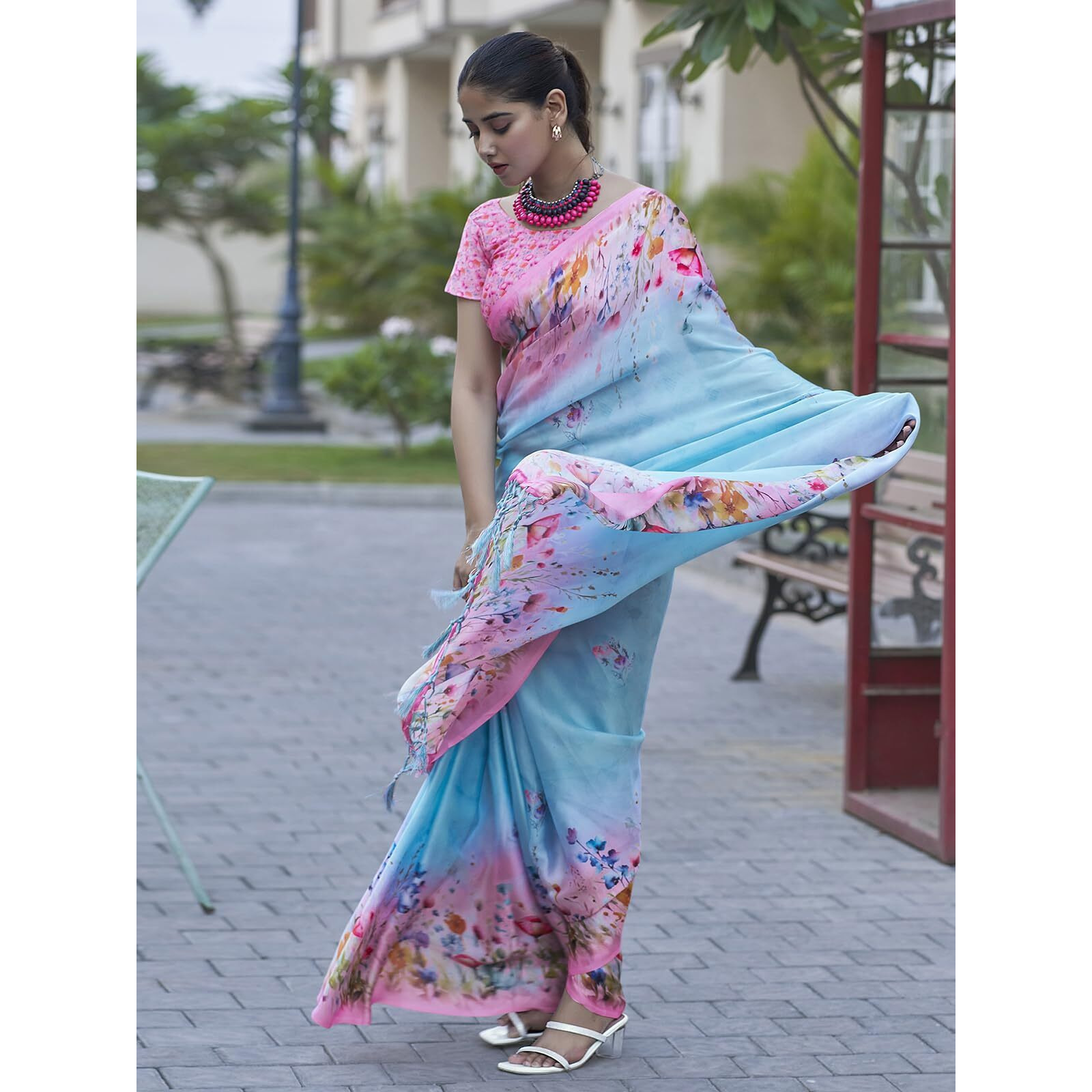 Satrani Women's Floral Printed Viscose Satin Saree With Unstitched Blouse Piece (3753S154N_Light Blue & Pink3)