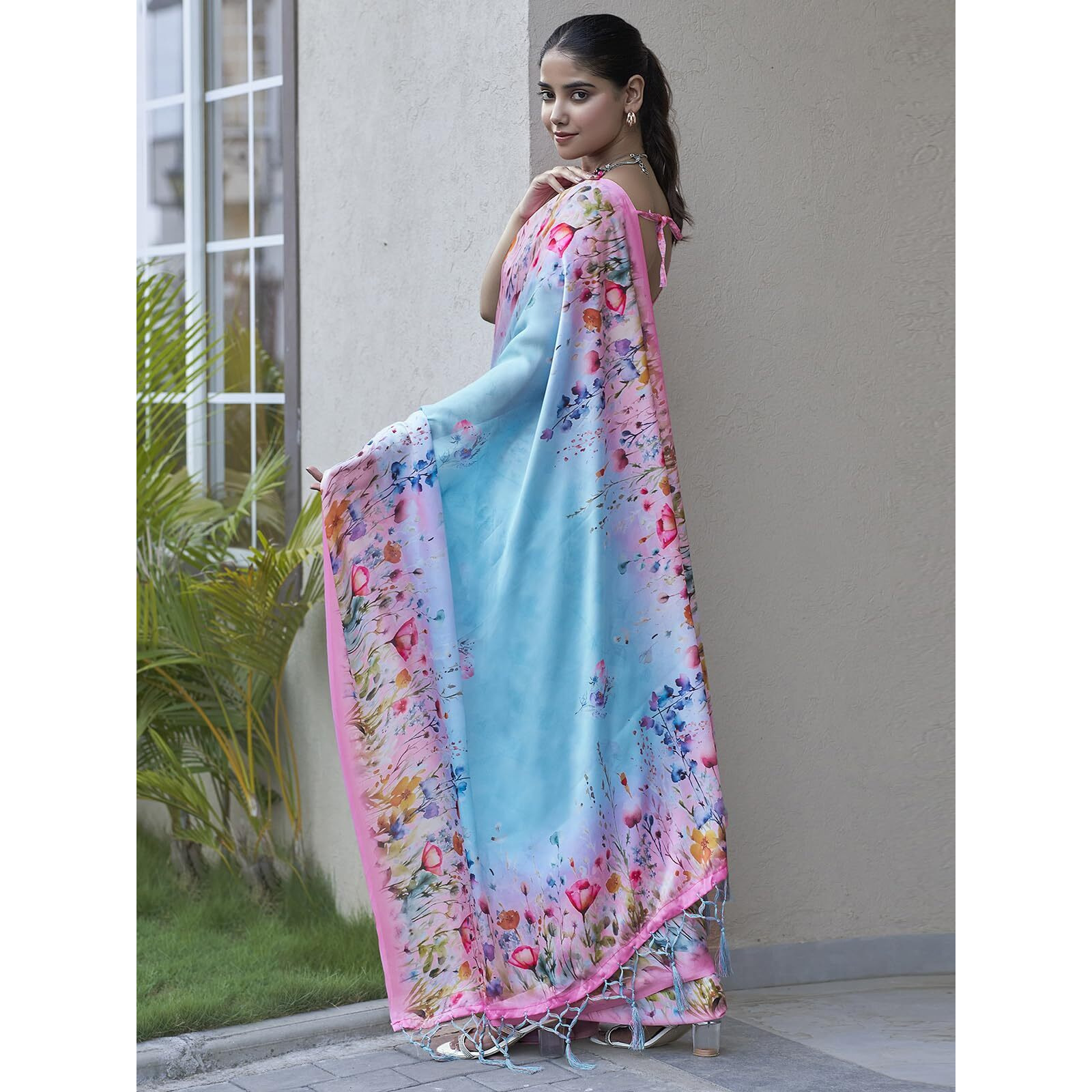 Satrani Women's Floral Printed Viscose Satin Saree With Unstitched Blouse Piece (3753S154N_Light Blue & Pink3)