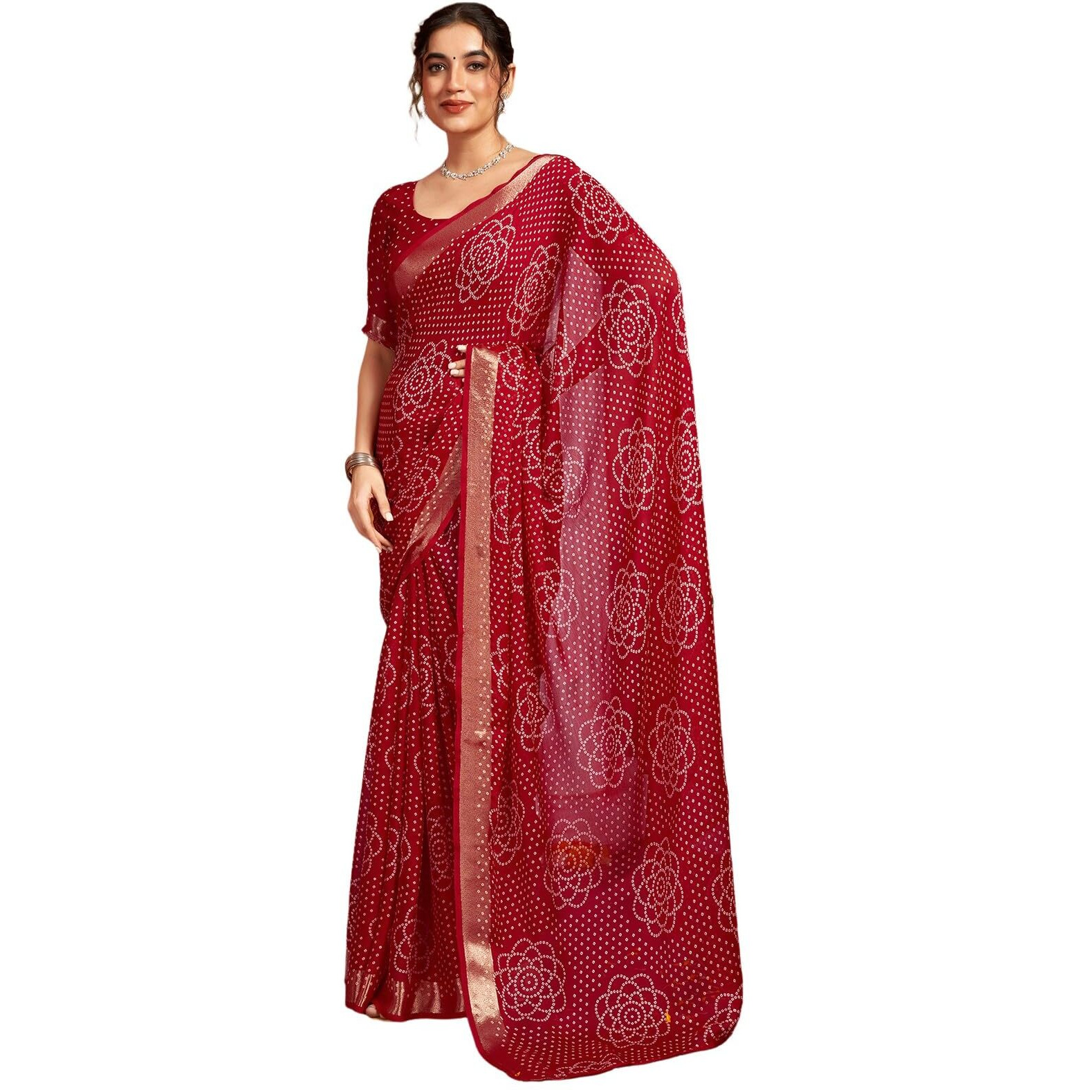 Satrani Women's Chiffon Bandhani Printed Weaving Border Saree With Unstitched Blouse Piece (4053S131N_Dark Red)