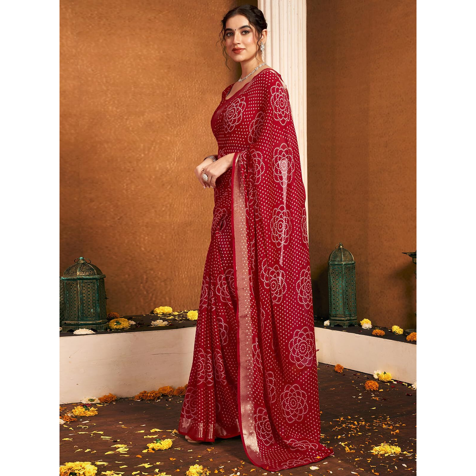 Satrani Women's Chiffon Bandhani Printed Weaving Border Saree With Unstitched Blouse Piece (4053S131N_Dark Red)
