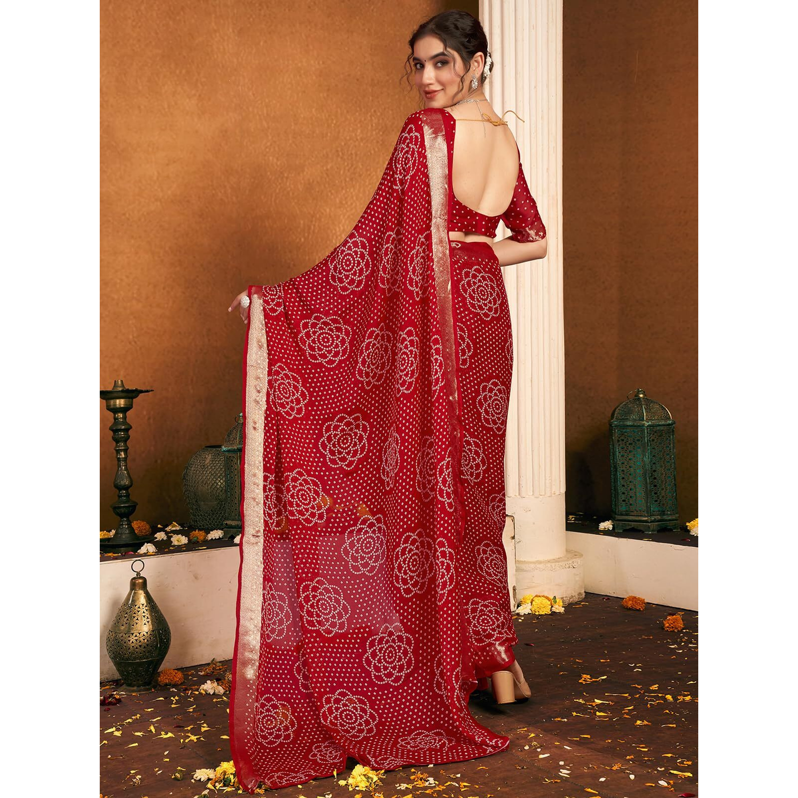 Satrani Women's Chiffon Bandhani Printed Weaving Border Saree With Unstitched Blouse Piece (4053S131N_Dark Red)