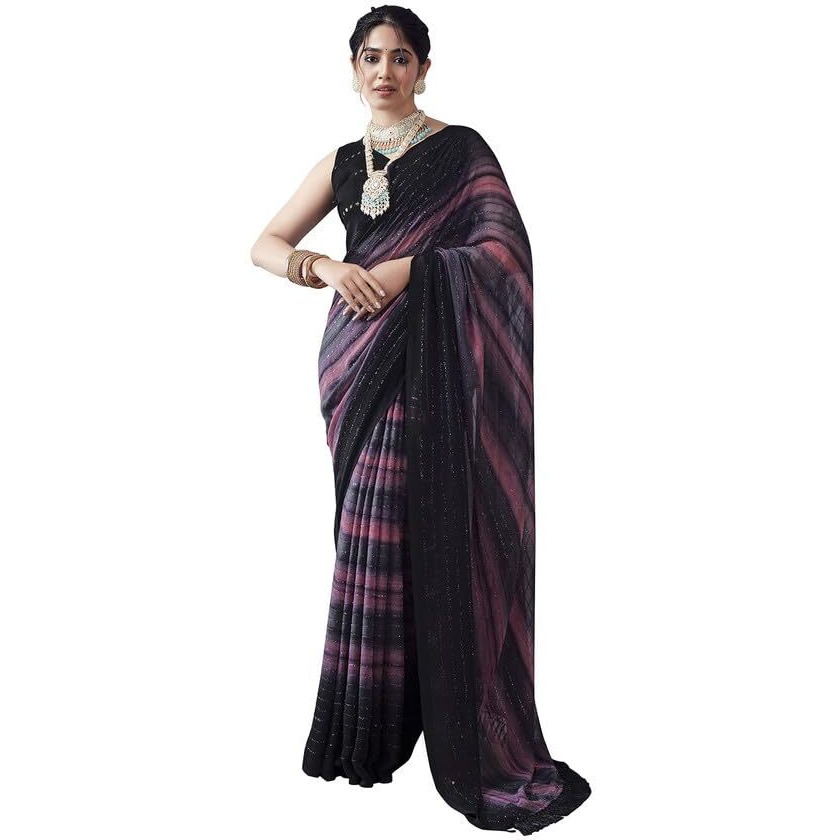 Satrani Women's Georgette Glitter Zari Stripe Printed Saree With Unstitched Blouse Piece (3498S726N_Black & Gray & Pink)