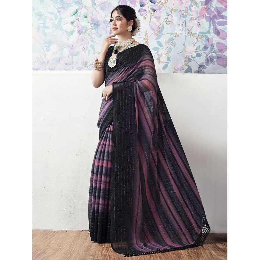 Satrani Women's Georgette Glitter Zari Stripe Printed Saree With Unstitched Blouse Piece (3498S726N_Black & Gray & Pink)