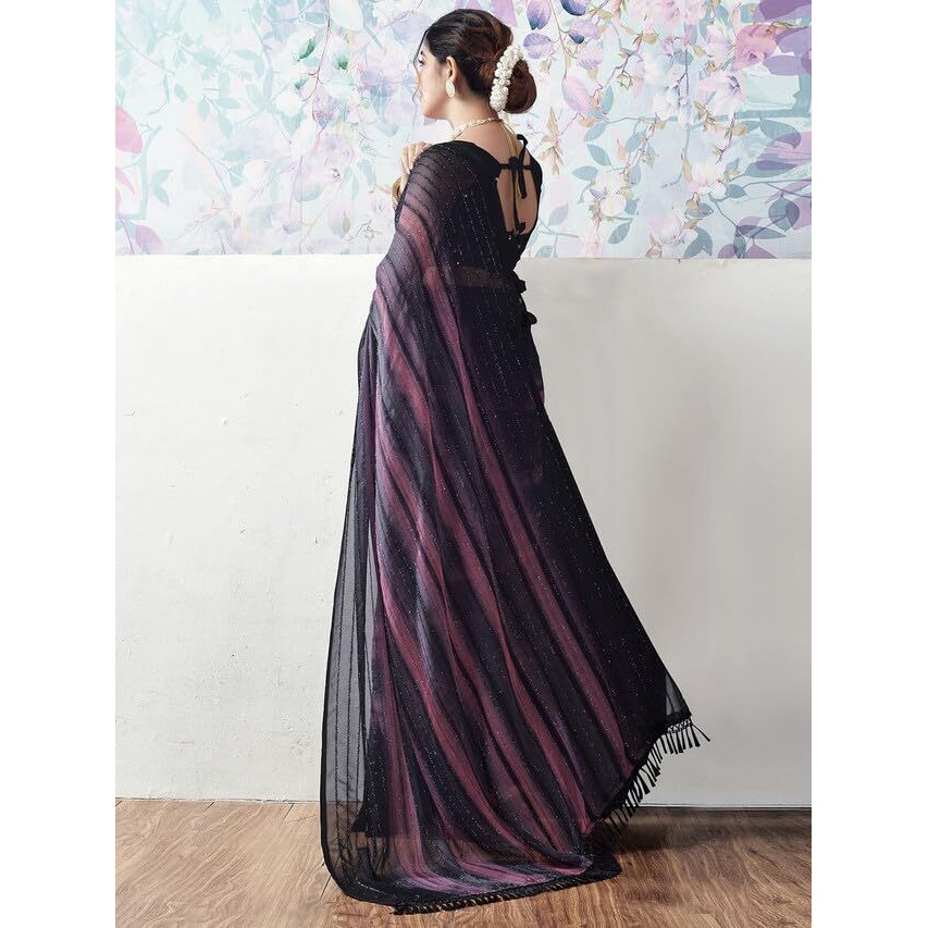 Satrani Women's Georgette Glitter Zari Stripe Printed Saree With Unstitched Blouse Piece (3498S726N_Black & Gray & Pink)