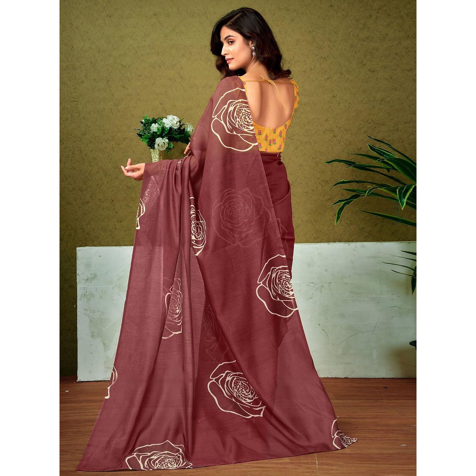 Satrani Women's Chanderi Cotton Printed Ready To Wear One Minute Pre Pleated Readymade Saree With Unstitched Blouse Piece (32Rs303N_Brown)
