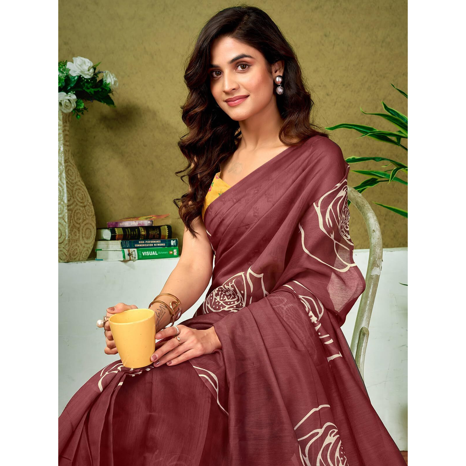 Satrani Women's Chanderi Cotton Printed Ready To Wear One Minute Pre Pleated Readymade Saree With Unstitched Blouse Piece (32Rs303N_Brown)